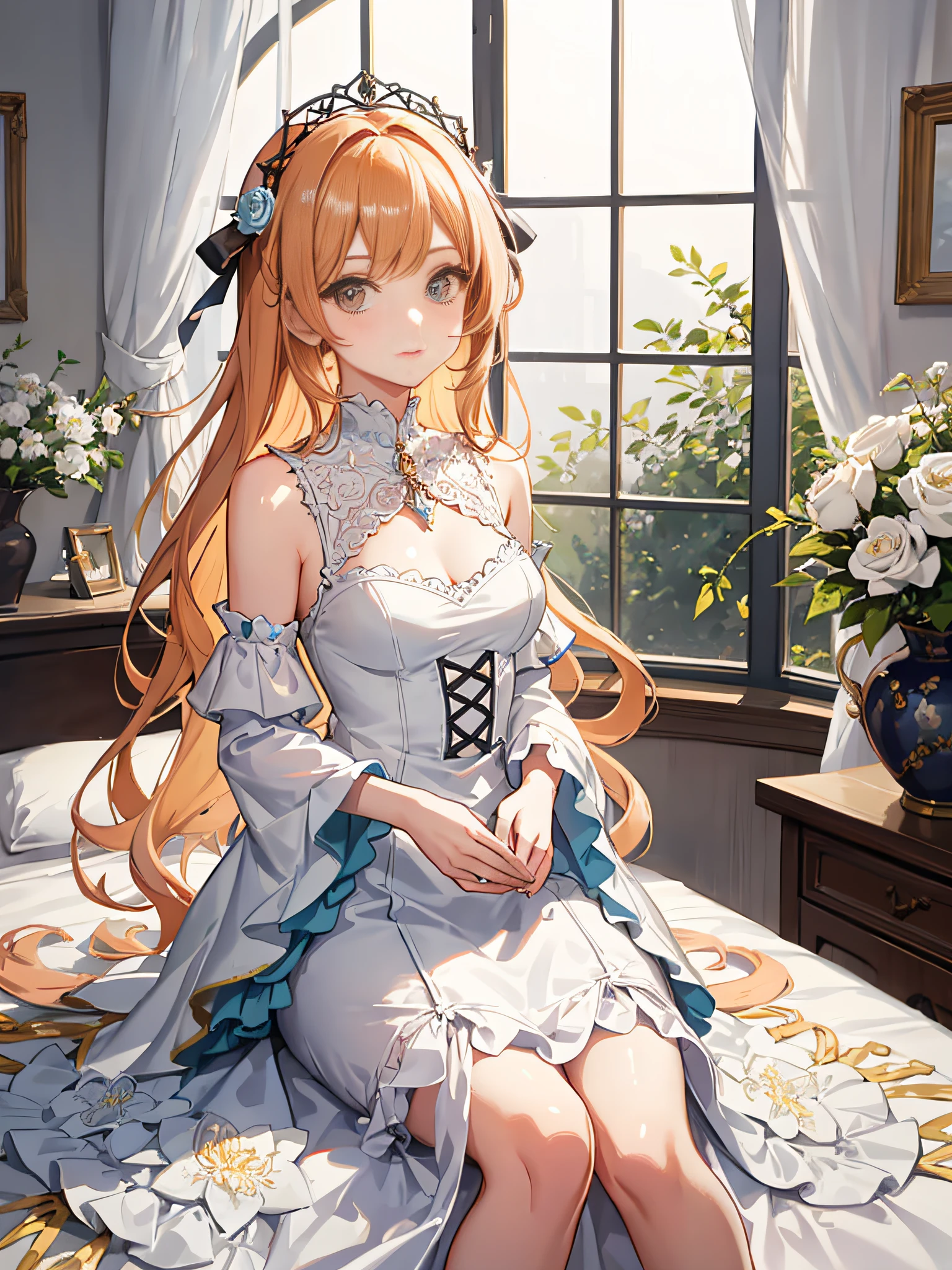 Pastel colors, serene, Extremely detailed, Whimsical, kawaii, adolable, Intricate in a whimsical field，Time dances between eras, envision a serene tableau. Behold a young enchantress, her hair a cascade of ethereal orange locks, contrasting delicately against her porcelain skin. She dons a frilled, Layered floral dress，Reminiscent of days gone by, an intricate tapestry of lace and silk. Within her boudoir, a room adorned with precious trinkets, plush fabrics, and dainty floral patterns, her innocence radiates like a budding flower in a sunlit garden.