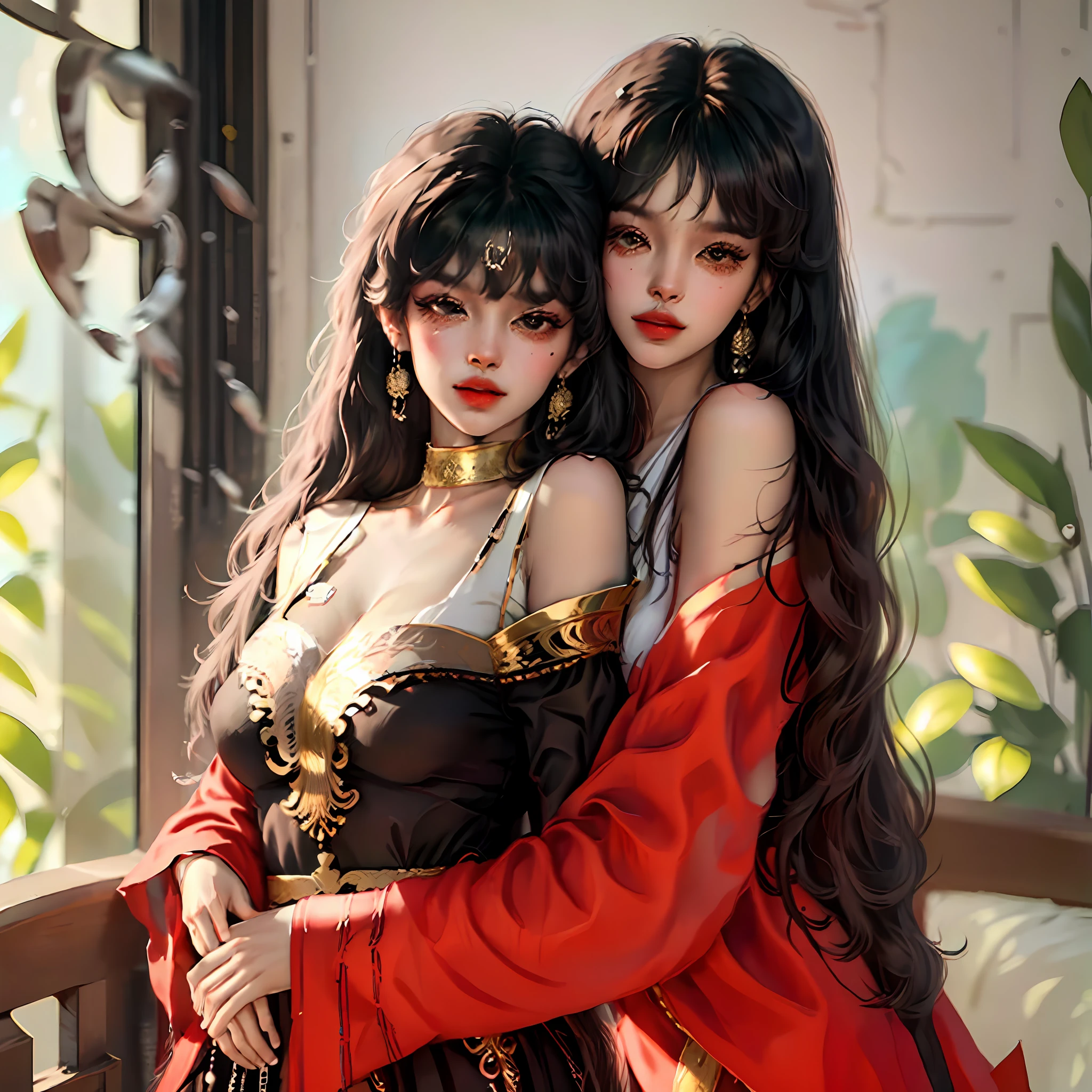 Girl with long black hair and straight bangs, With brown eyes and small breasts, he hugs a monk --auto