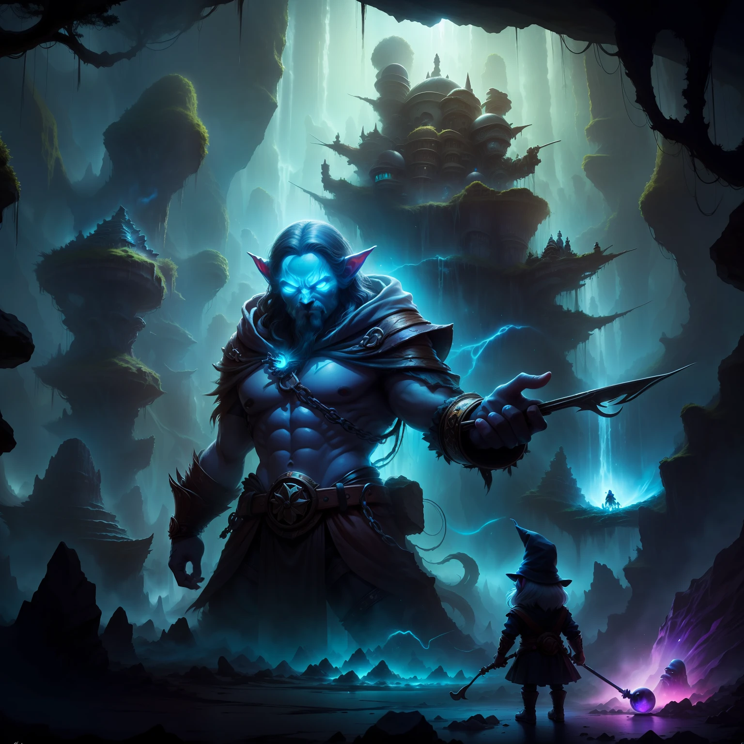 Shadow Master is casting his spell in intense magic around the cave of colored crystals, while in the foreground there is a Gnome, olhando cautelosamente para ajoelhar-se em sinal de respeito.