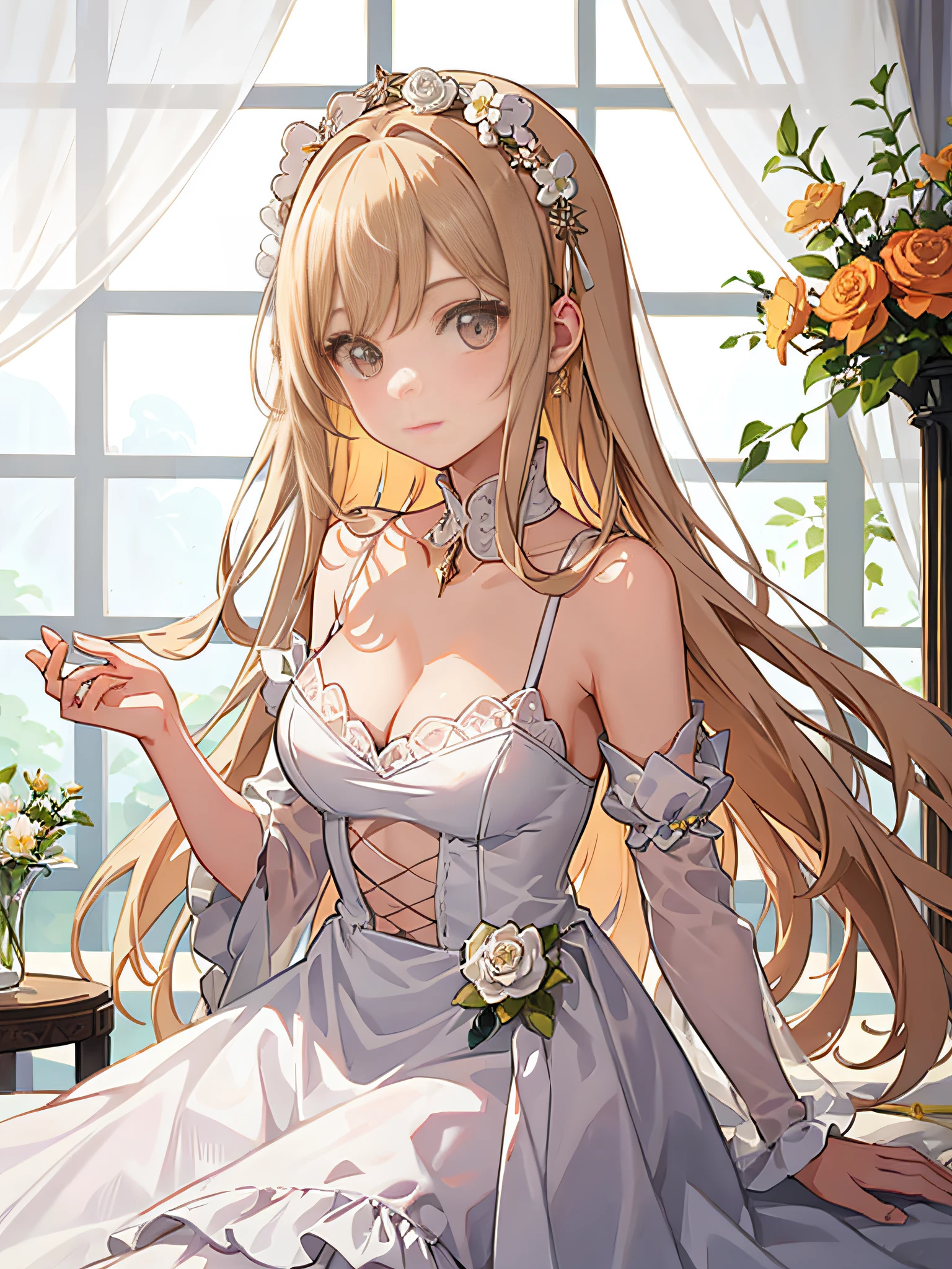 Pastel colors, serene, Extremely detailed, Whimsical, kawaii, adolable, Intricate in a whimsical field,Time dances between eras, envision a serene tableau. Behold a young enchantress, her hair a cascade of ethereal orange locks, contrasting delicately against her porcelain skin. She dons a frilled, Layered floral dress,Reminiscent of days gone by, an intricate tapestry of lace and silk. Within her boudoir, a room adorned with precious trinkets, plush fabrics, and dainty floral patterns, her innocence radiates like a budding flower in a sunlit garden.