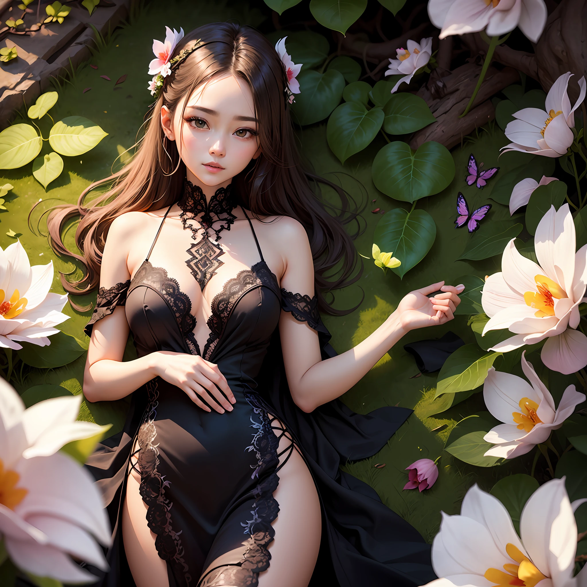 Multiple phalaenopsis、Yuri、Dendrobium flowers on the head、1 girl in、fully body photo、flaxen hair、Flowing hair、Hazy beauty、with extremely beautiful facial features、halterneck、see -through、lace luxury embroidered dress with black decoration、Hairpin on the head、Lying on a bush、Hands dragging the chin、perfect hand、roses、(springtime、rainy day、butterflys、cliff)、Simple vector art、Contemporary Chinese art、Soft light、Intertwined scarves、looking-down --auto