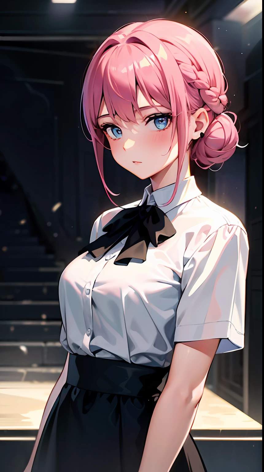 ((masterpiece)),(best quality),(detailed),(1girl), pink hair, pink glowing eyes, Updo, white shirt, black skirt, looking down on the viewer, twin tails, demon, demon horns