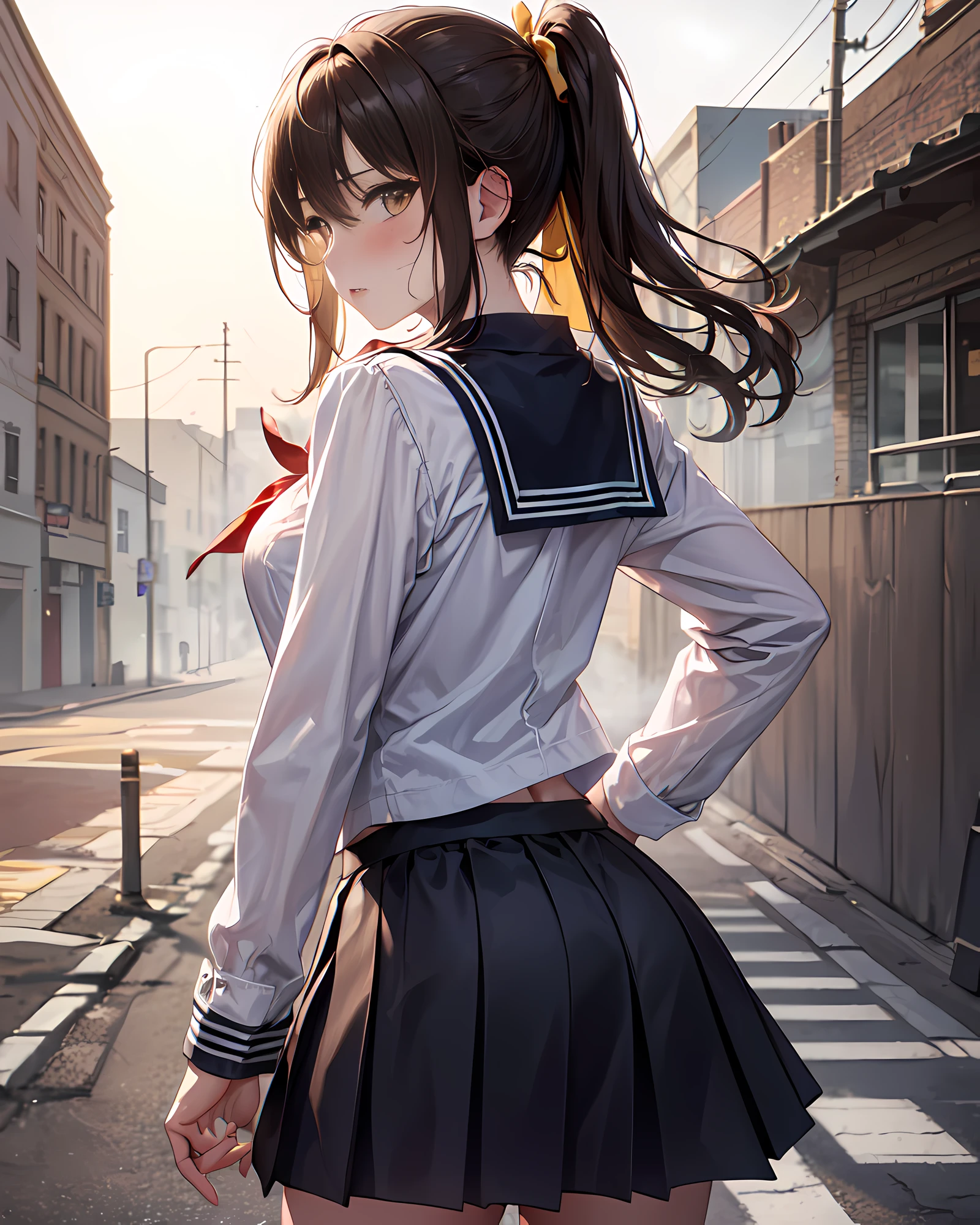 Masterpiece, best quality, (absurdres)), ((highres)), (ultra-detailed:1.3), (look back:1.15), (thrust out one's hip:1.25), (1 girl:1.3), character focus, BREAK,  (wearing a sailor shirt and a dark-grern knee-length pleats long-skirt:1.3, black knee-high-over sox), BREAK, brown long hair, pony-tail hair, yellow hair ribbon, disproportionate-breasted:1.27, (cowboy shot:1.25), clean face, full-face blush, sweat, fog, steam, early morning street background, hands on breasts, detailed eyes, detailed arms, detailed hands, detailed figures, detailed body, sharp focus, centered image.