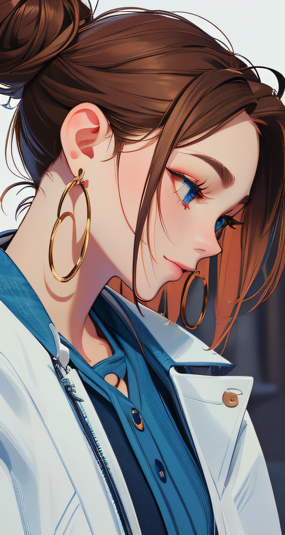 The environment is blurry and elegant, Model, High contrast required, jewels, earings, Upskirt, Shirt, jacket, brown hair, white shirt, A bracelet, hair bun, single hair bun, long skirt, closed mouth, Hoop earrings, blue jacket, sleeves rolled up, revealing clothes, makeup, white skirt