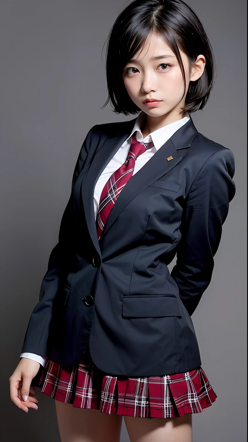 (highest quality、8K、32K、masterpiece、hgion:1.2)、Photo of a cute Japanese woman、large full breasts、very short bobbed hair、hi-school girl、a junior high school student、13 only、a miniskirt、blazers、The upper part of the body、sface focus、((校服))、simple background、、looking at the viewers、