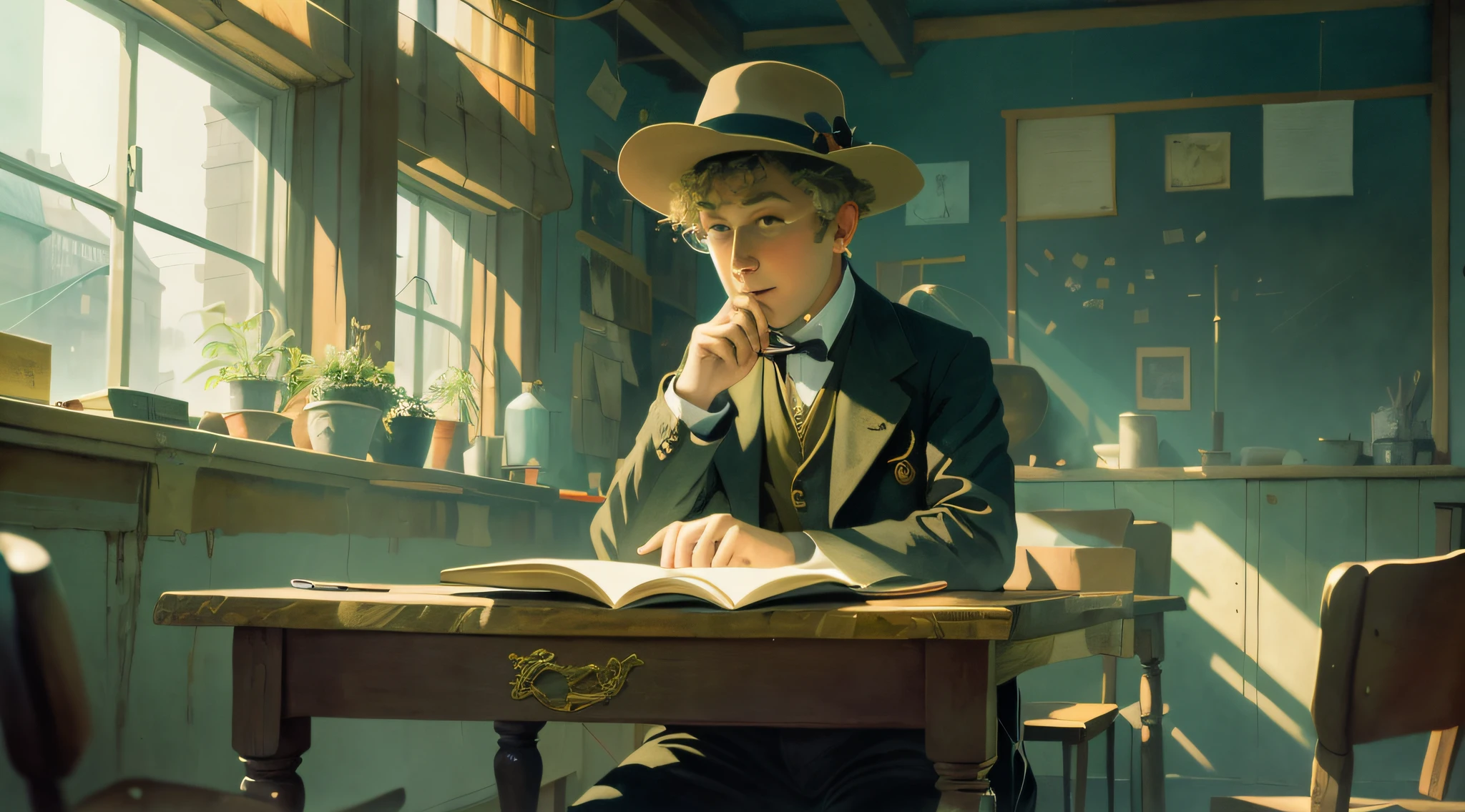 there is a man sitting at a table with a book and a hat, inspired by Carl Spitzweg, martin ansin artwork portrait, norman rockwell ross tran, inspired by Marius Borgeaud, beeple and jean giraud, moebius + loish + wlop, cyril rolando and m.w kaluta
