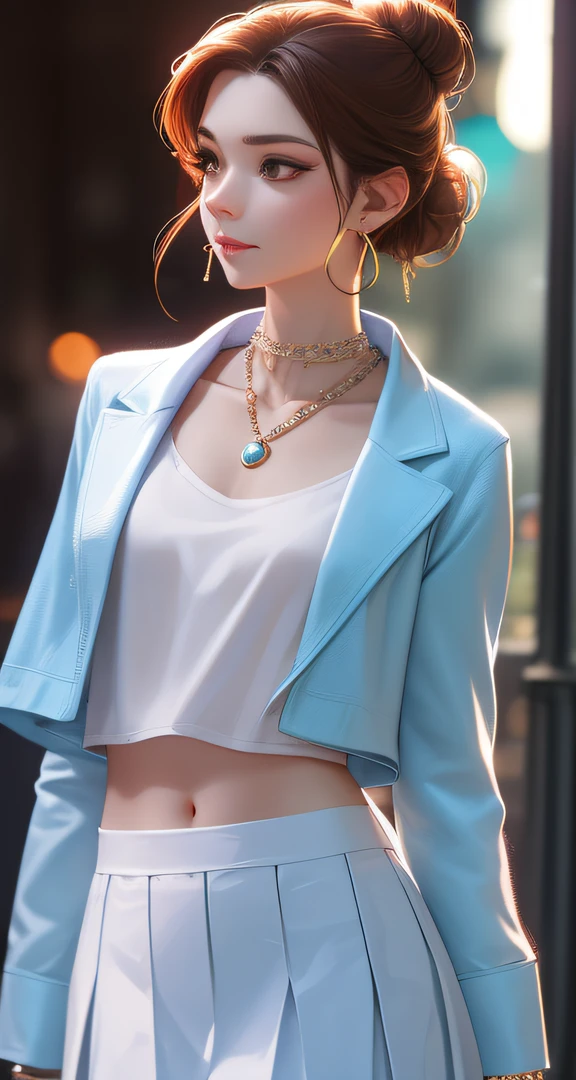 The environment is blurry and elegant, Model, High contrast required, jewels, earings, Upskirt, Shirt, jacket, brown hair, white  shirt, A bracelet, hair bun, single hair bun, long skirt, closed mouth, Hoop earrings, blue jacket, sleeves rolled up, revealing clothes, makeup, white skirt