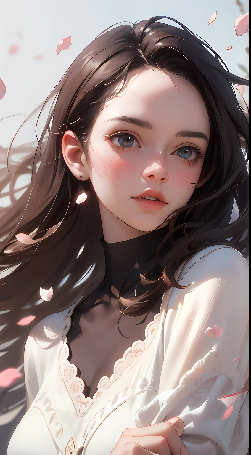 (best quality, masterpiece, ultra-realistic), 1 beautiful and delicate portrait of a girl, playful and cute, with floating petals in the background