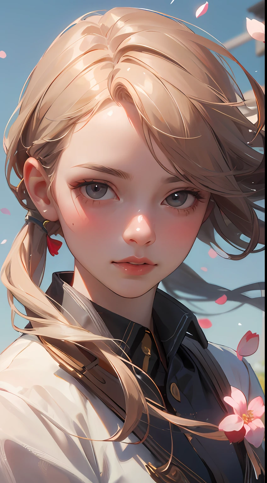 (best quality, masterpiece, ultra-realistic), 1 beautiful and delicate portrait of a girl, playful and cute, with floating petals in the background