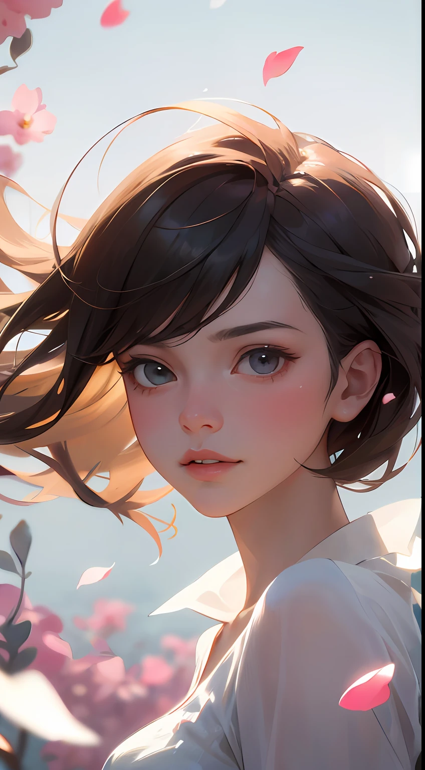(best quality, masterpiece, ultra-realistic), 1 beautiful and delicate portrait of a girl, playful and cute, with floating petals in the background