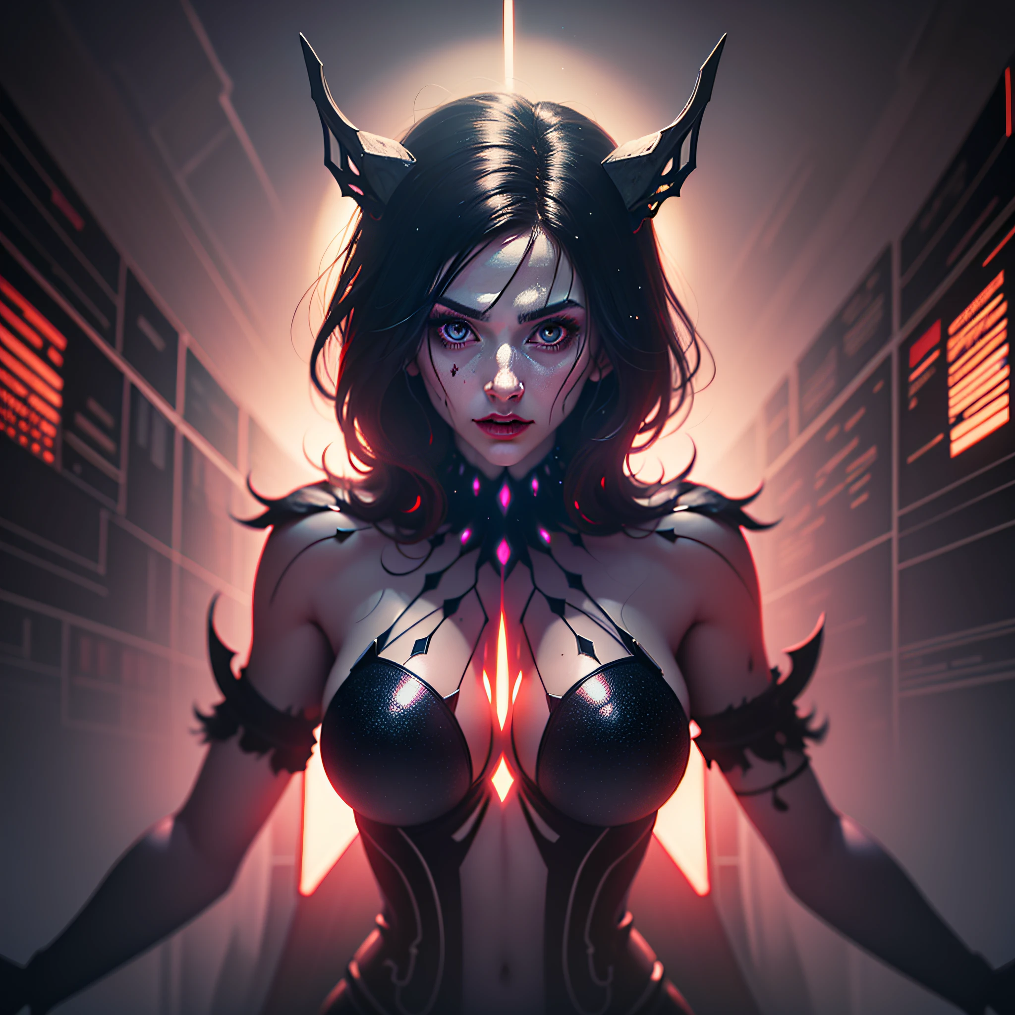 Eve Maguire cientista maluca, cabelos desgrenhados, hallucinatory features in smoky lab with backlight panels, arms slightly blackened, octan render, fantasia sombria, 4k 8k cinematic, scientific fiction, horror movie, film noise