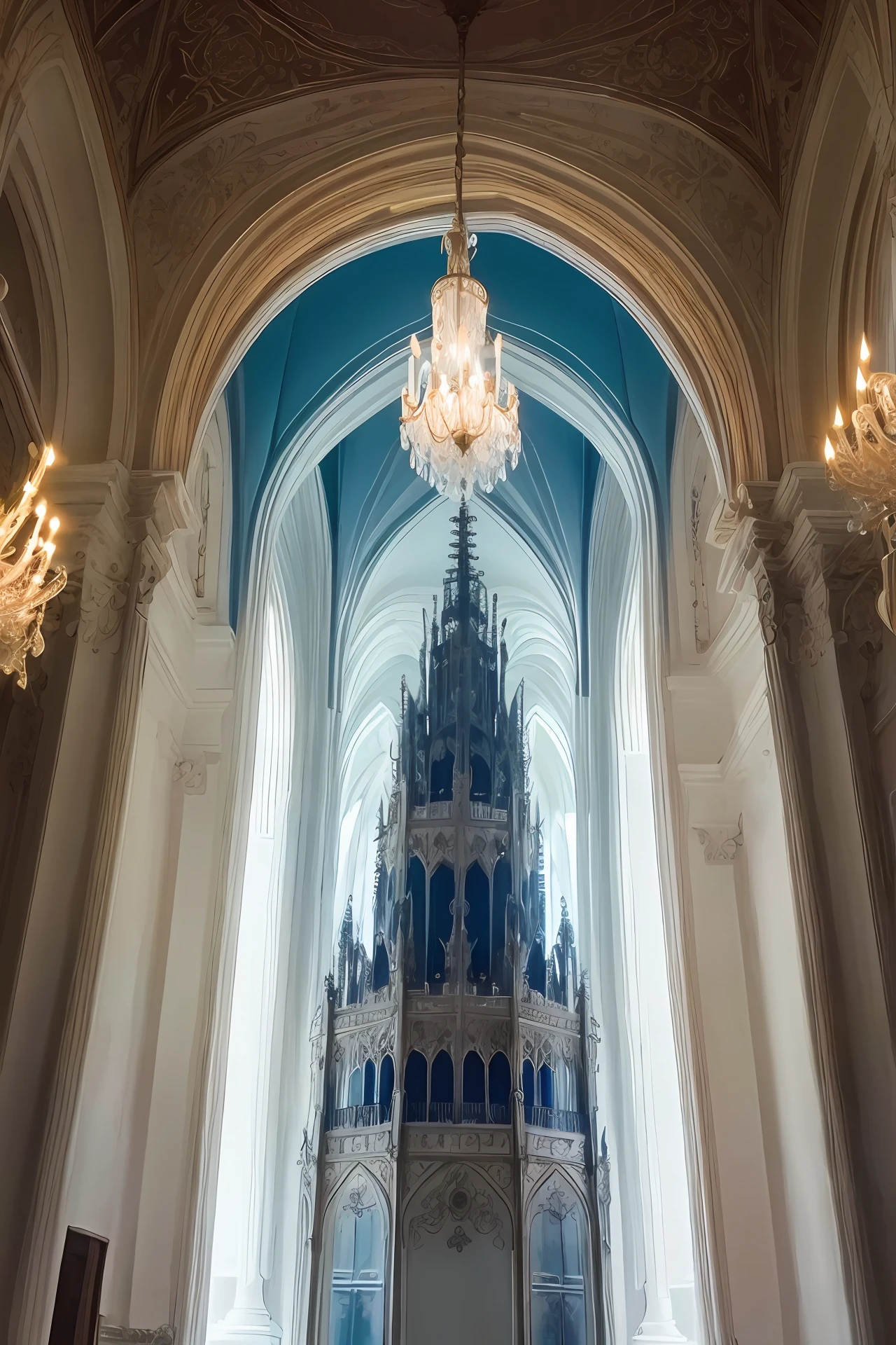 Blue light,Gothic palace,A beauty in a white costume,Fishtail,