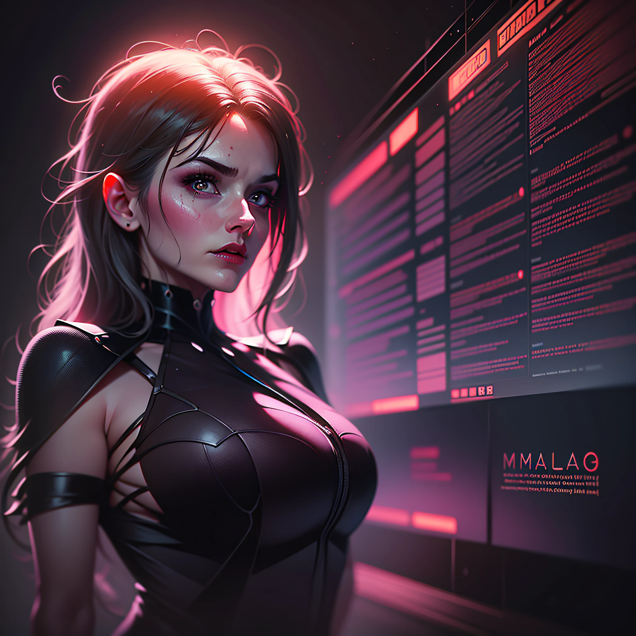 Eve Maguire cientista maluca, cabelos desgrenhados, hallucinatory features in smoky lab with backlight panels, arms slightly blackened, octan render, fantasia sombria, 4k 8k cinematic, scientific fiction, horror movie, film noise