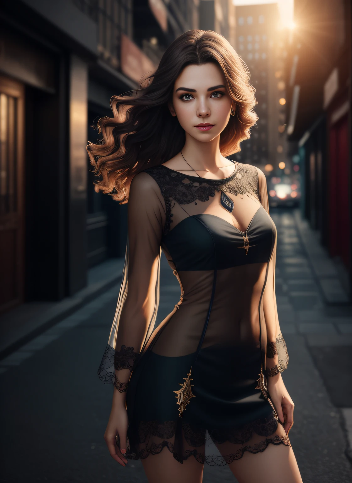 portrait photography, beautiful young woman with transparent western tunic dress, eyes visible through hair, proper eye position, natural skin, backlight, cinematic light, rim light, soft light , hips, in night time, city side background, detailed color graded background, intricate , highly detail, octane render, HD, 8k, by Annie Leibovitz