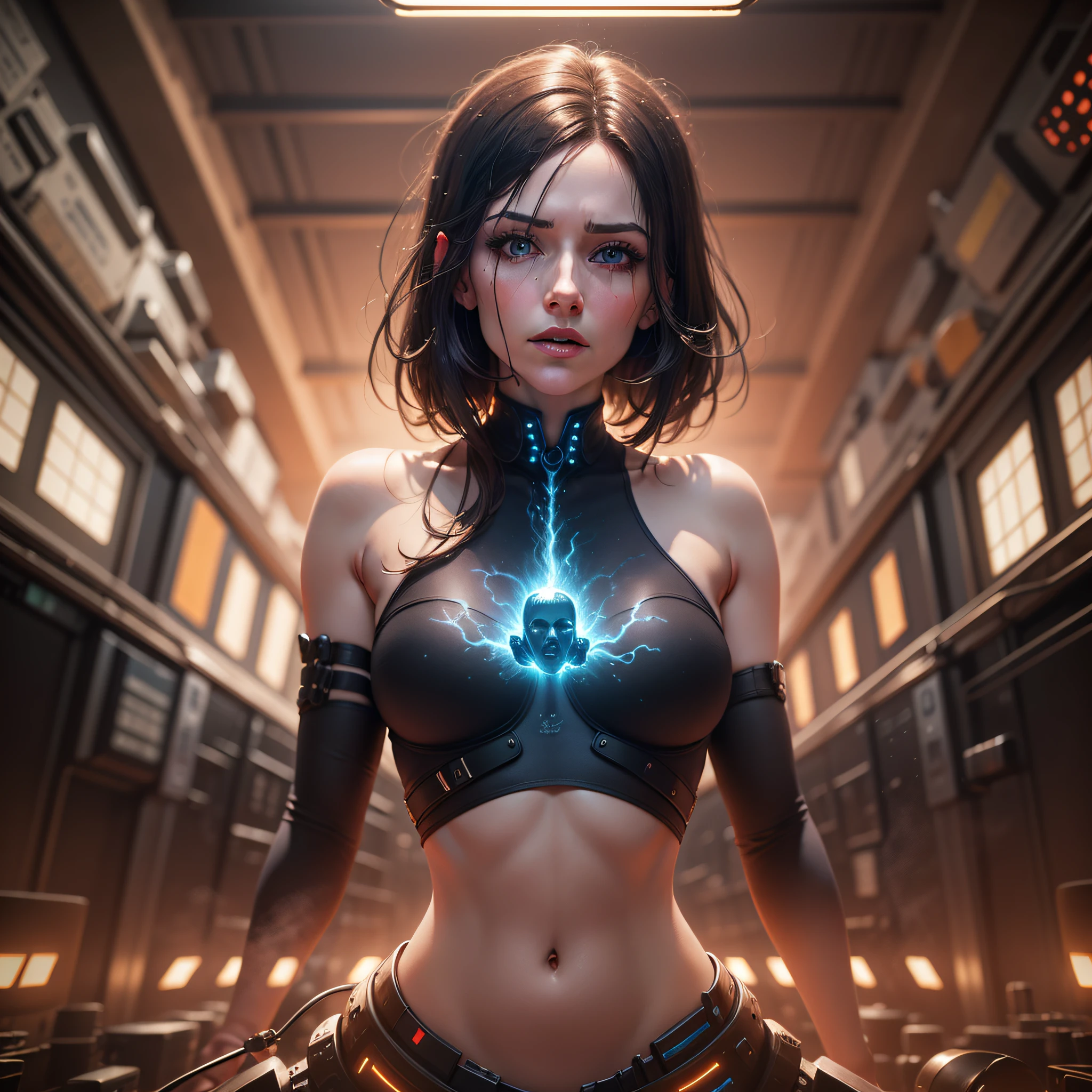 Eve Maguire cientista maluca, cabelos desgrenhados, hallucinatory features in smoky lab with backlight panels, arms slightly blackened, octan render, fantasia sombria, 4k 8k cinematic, scientific fiction, horror movie, film noise