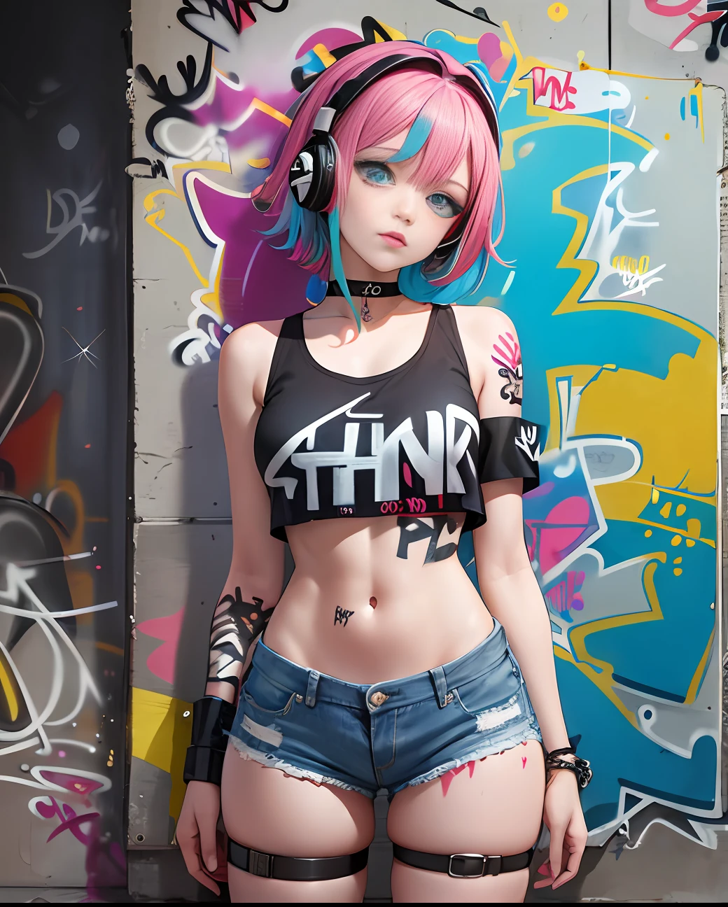 masterpiece, best quality, 1girl, solo, crop top, denim shorts, choker, (graffiti:1.5), paint splatter, arms behind back, against wall, looking at viewer, armband, thigh strap, paint on body, head tilt, bored, multicolored hair, aqua eyes, headset,