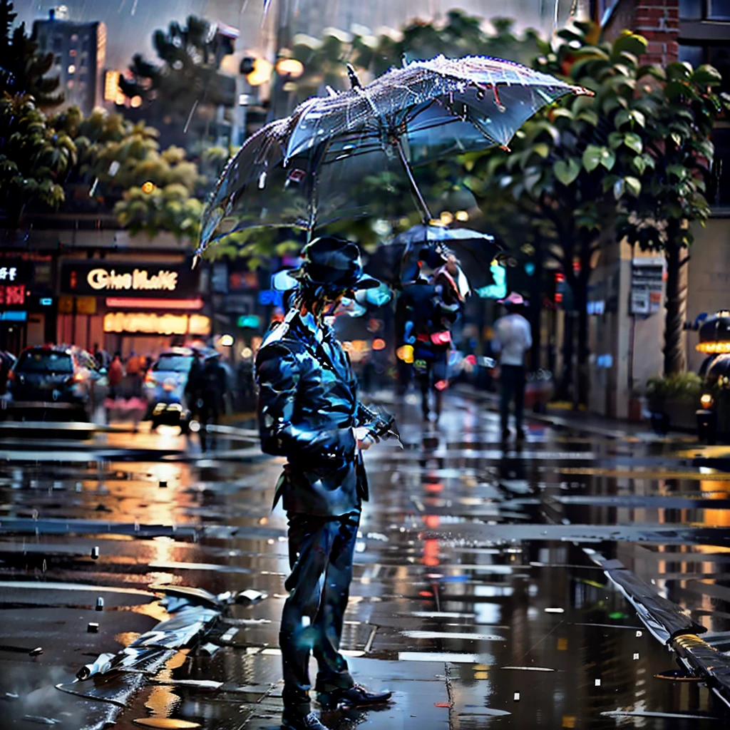 In black suit,schoolboy,standing in the rain,The umbrella is in turn on the ground,Collapse and cry
