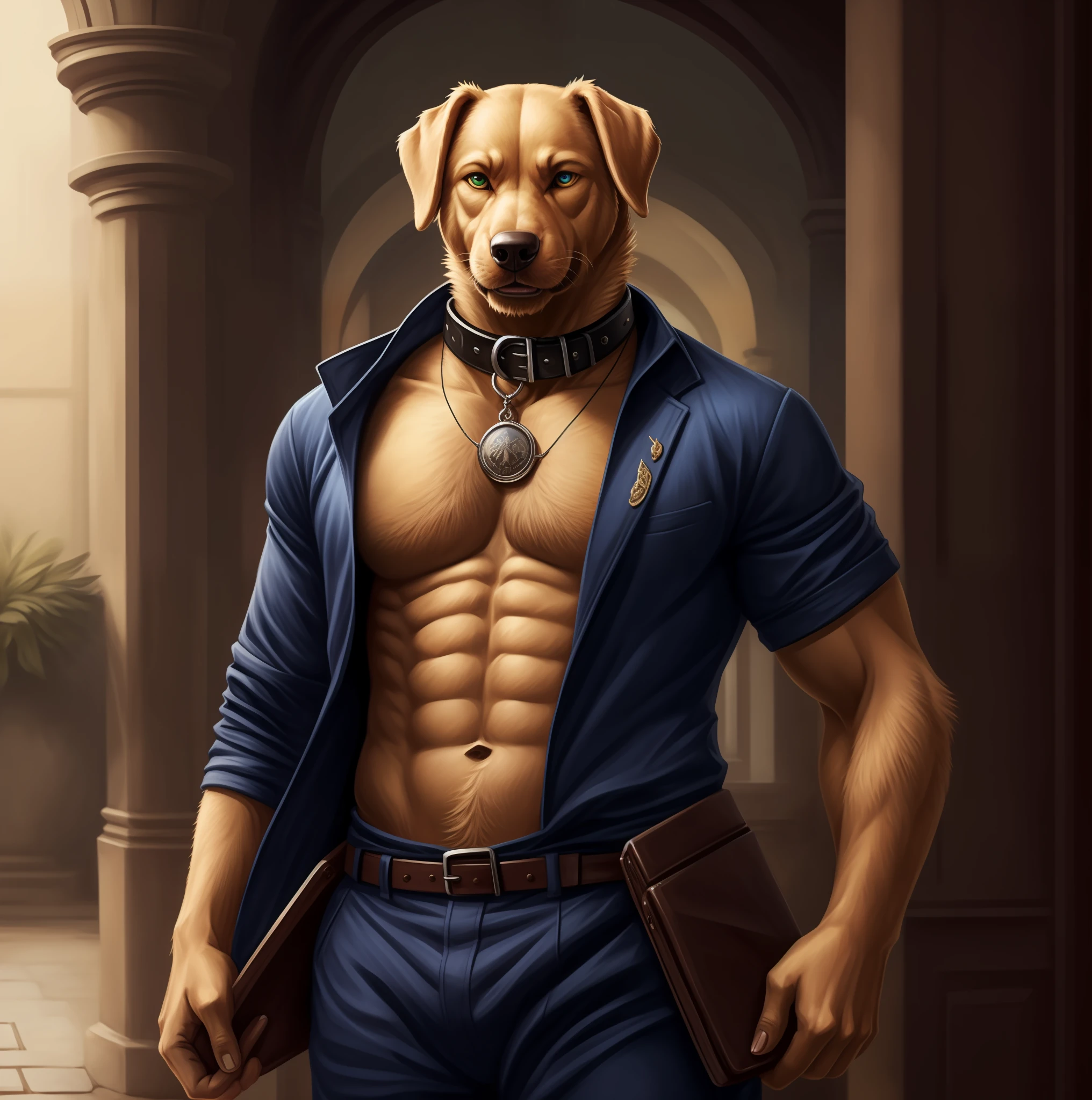 Create an image of an anthropomorphic chocolate brown Labrador with an angry behavior, aparentando ter cerca de 19 anos. Ele tem a pelagem marrom, which is short as that of a Labrador. To add a touch of style to your appearance, He's wearing a prickly black collar around his neck, e uma roupa preta com estampas de fogo como roupas.. The black clothing and prickly collar fits it perfectly and adds a sense of refinement to its overall look. Apesar de sua pouca idade, The Labrador exudes a mature presence and carries itself with confidence and authority. Having a strong and great physique, como a de um fisiculturista. Emphasize your anthropomorphic features, como sua postura ereta, anthropomorphic hands and expressive facial features. Capture your serious, angry expression, destacando a intensidade em seus Olhos azuis claros, as well as the details of the black fire-print outfit he's wearing. Show off the unique blend of the characteristics of a chocolate brown Labrador and the black sweatshirt, capturing the essence of this anthropomorphic individual with a serious and refined appearance. Olhos azuis claros, pelagem marrom chocolate, labrador marrom escuro, moletom preto com estampas de fogo, ULTRA MEGA REALISTA, black collar on neck, real-life graphics, cachorro antropomorfico, artistic work, obra prima