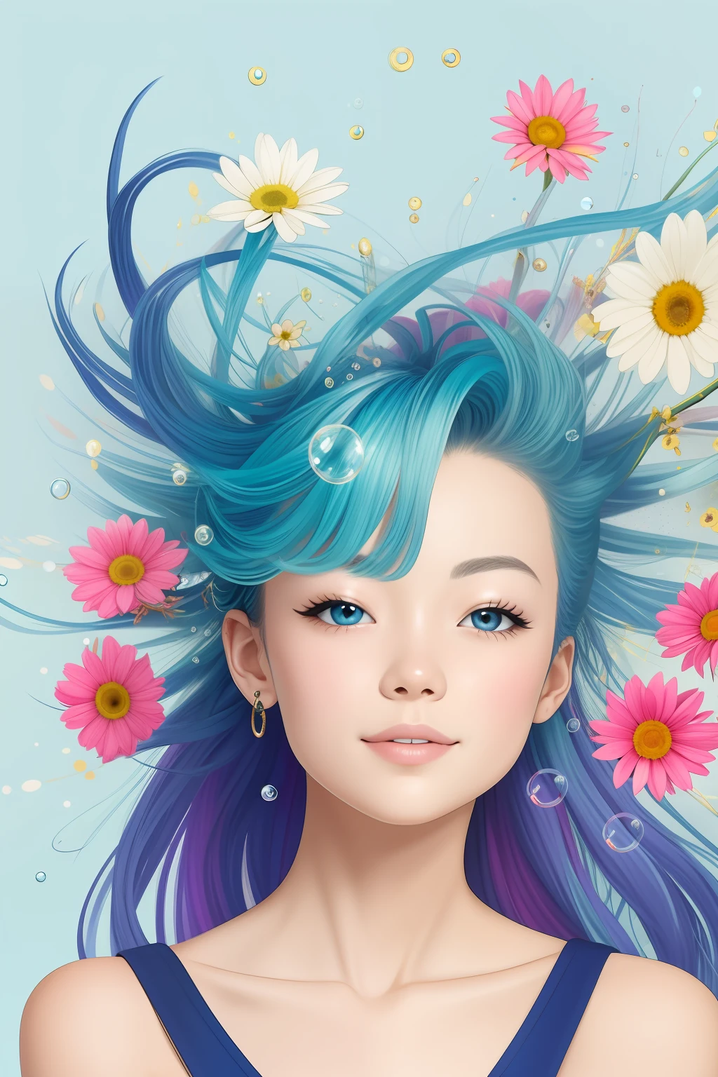 (masterpiece), (best quality), (ultra detailed),(disheveled hair),(illustration), (1girl), (Fashionable clothing), standing, Fashion model, looking at viewer, (interview), (simple background),beautiful detailed eyes, delicate beautiful face, Floating,(high saturation),(colorful splashes),colorful bubble,(shining), focus on face,  ponytail, kamisato ayaka, light blue hair, bangs, hair ring, floating flowers, floating hairs, (shining), best lighting, best shadow,