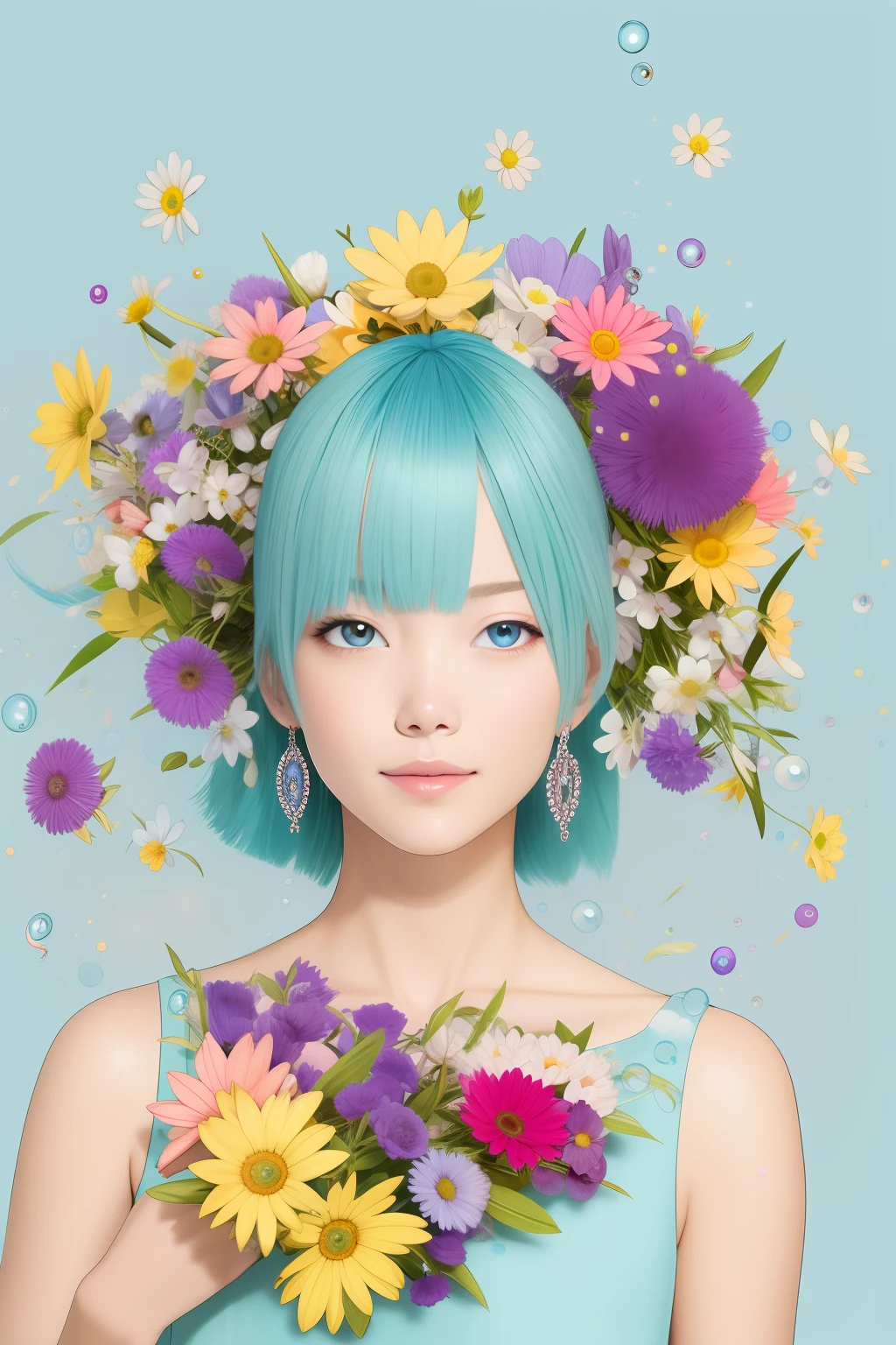 (masterpiece), (best quality), (ultra detailed),(disheveled hair),(illustration), (1girl), (Fashionable clothing), standing, Fashion model, looking at viewer, (interview), (simple background),beautiful detailed eyes, delicate beautiful face, Floating,(high saturation),(colorful splashes),colorful bubble,(shining), focus on face,  ponytail, kamisato ayaka, light blue hair, bangs, hair ring, floating flowers, floating hairs, (shining), best lighting, best shadow,