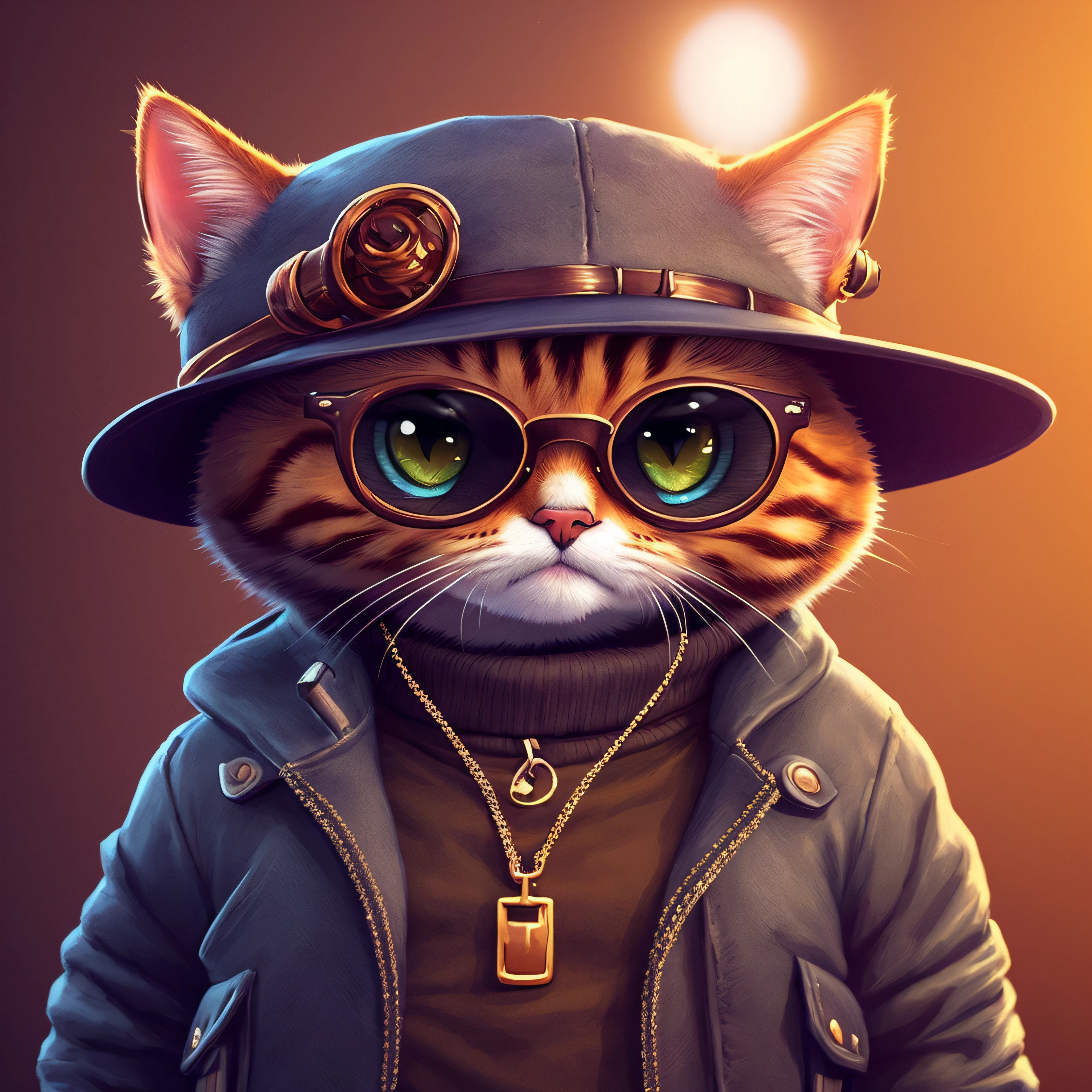 there is a cat wearing a hat and glasses and a jacket, arte digital detalhada bonito, gato steampunk, painting digital adorable, anthropomorphic cat, gato cyberpunk, bela arte digital, 3 d epic illustrations, arte de fantasia peluda, retrato de alta qualidade, stunning digital illustration, bonito 3 d render, Arte digital estilizada, stylized digital illustration, Arte digital alucinante