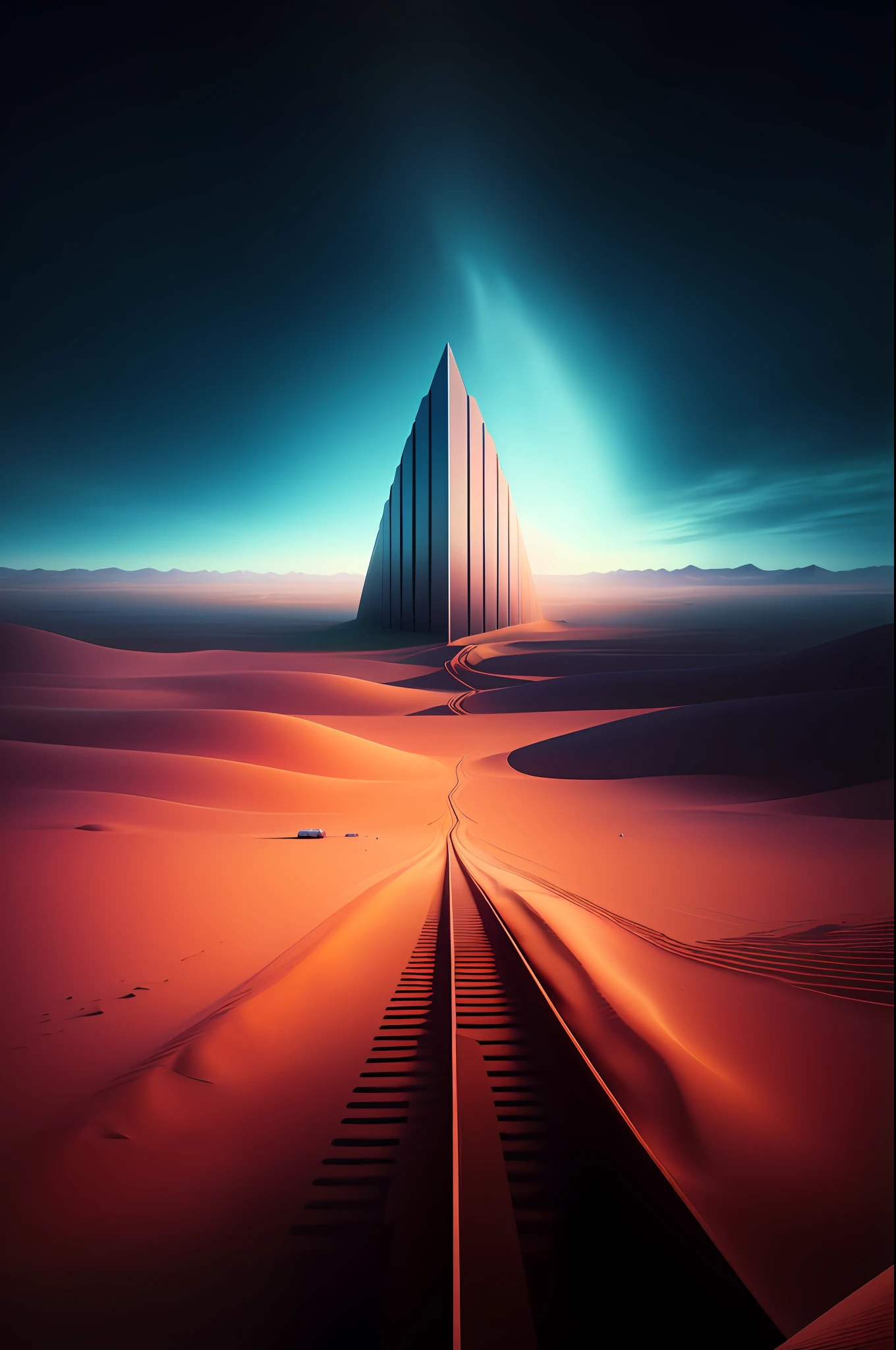 arafed image of a train track in a desert with a pyramid in the background, 3 d render beeple, futuristic landscape, inspired by Beeple, inspired by Mike Winkelmann, beeple and jean giraud, beeple |, realism | beeple, beeple artwork, in style of beeple