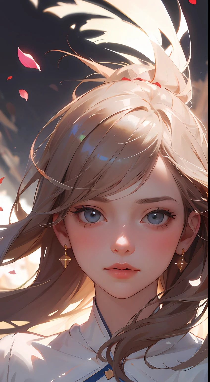 (best quality, masterpiece, ultra-realistic), 1 beautiful and delicate portrait of a girl, playful and cute, with floating petals in the background