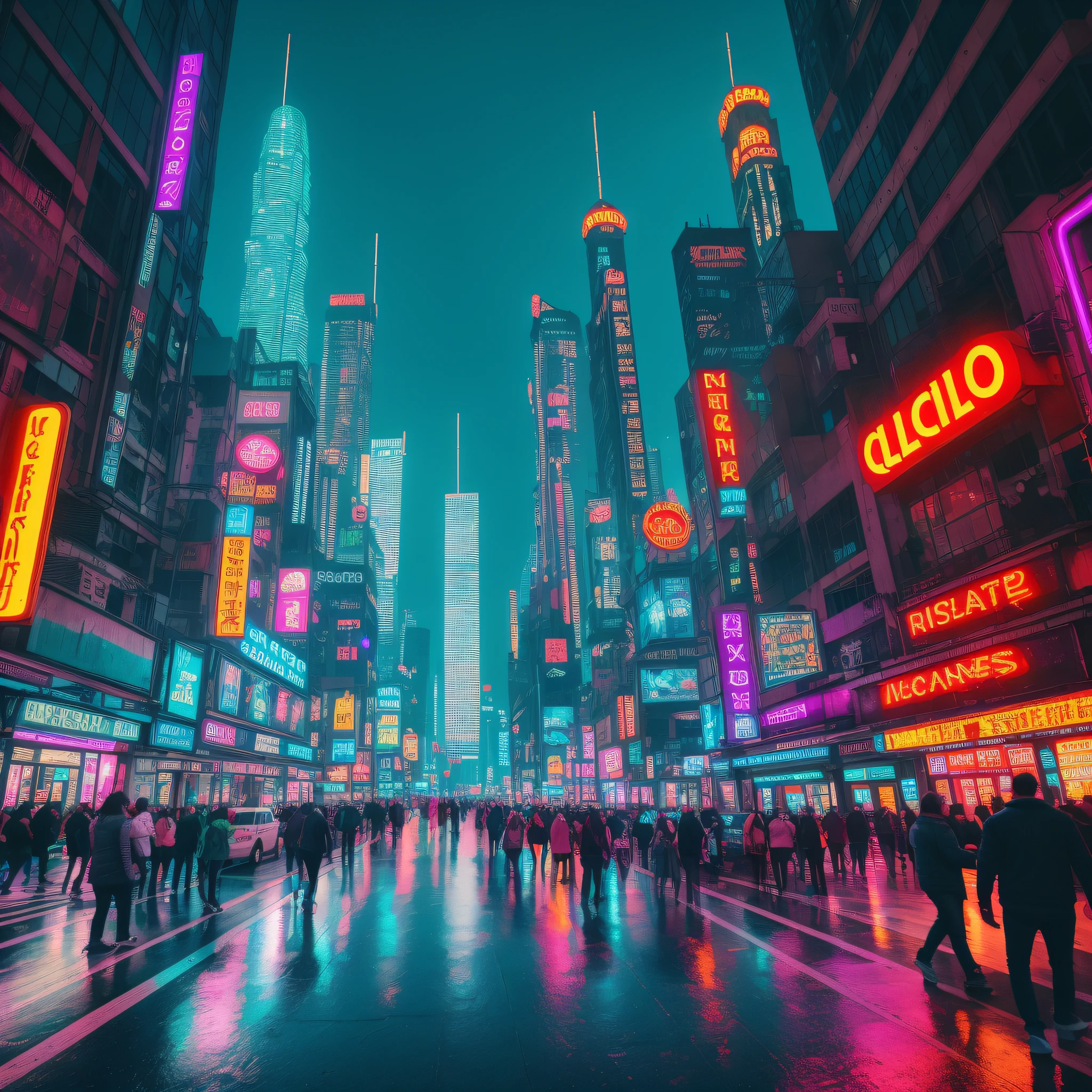 In a dystopian cityscape, the neon-lit streets of a cyberpunk metropolis come to life. The scene is a mesmerizing blend of futuristic technology and gritty urban decay. The camera used is a mirrorless camera, the Fujifilm X-T4, paired with a wide-angle lens, the Fujinon XF 16mm f/1.4. The aperture is set to f/2.8, allowing for a shallow depth of field that beautifully captures the neon lights and atmospheric details of the city. The shutter speed is adjusted to 1/60s, capturing the fast-paced energy and movement of the futuristic city. The ISO is set to 800, balancing the need for low noise in the darker areas while still retaining detail in the vibrant city lights. The lighting is a key element in this cyberpunk world, with colorful neon signs, holographic advertisements, and vibrant streetlights casting a surreal glow on the surroundings. The color palette is rich and diverse, featuring bold and vibrant hues that reflect the futuristic and vibrant nature of the city. The resolution is set to 4K, capturing the intricate details of the futuristic architecture, bustling crowds, and the interplay of light and shadows. The image processing enhances the cyberpunk aesthetic, with increased contrast and saturation to amplify the futuristic elements of the scene. The aspect ratio is 16:9, providing a wide cinematic view that immerses the viewer in the sprawling cyberpunk cityscape. The field of view encompasses the vast urban landscape, showcasing the towering skyscrapers, flying vehicles, and bustling crowds that define this cybernetic world. The object/character position focuses on the city itself, highlighting the grandeur and chaos of the cyberpunk environment. This captivating scene transports viewers to a future where technology and urbanization have transformed the world into a mesmerizing cyberpunk playground.
