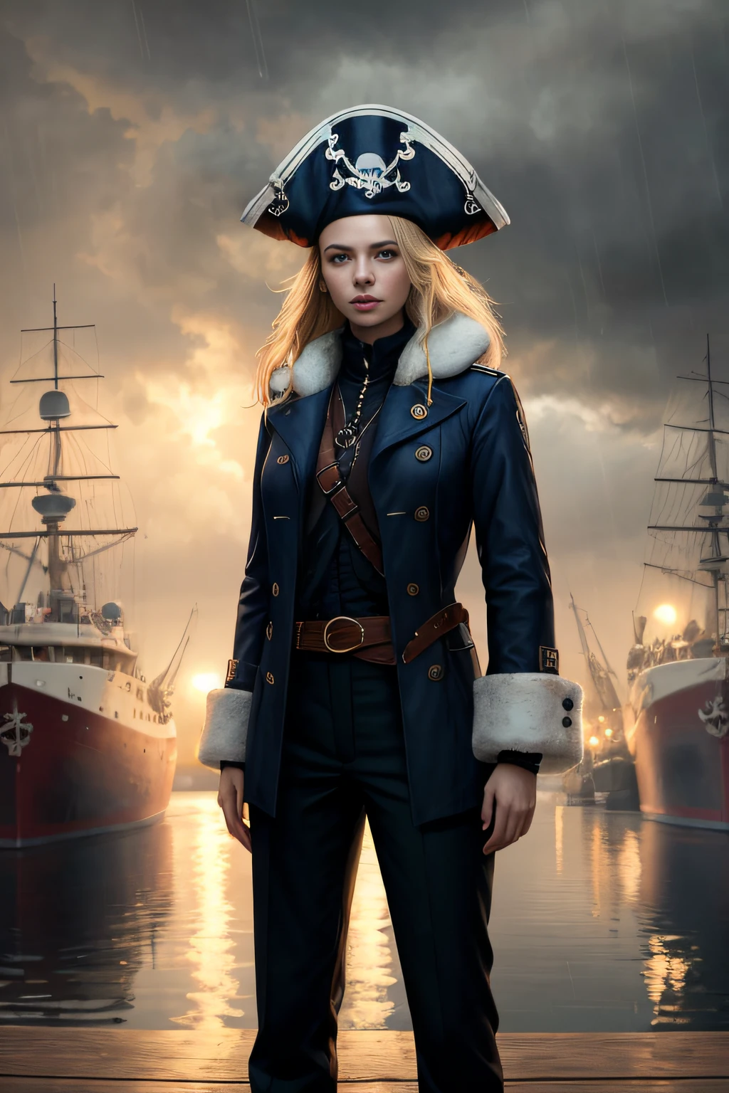 medieval (pirate:1.2) blonde girl with navy blue coat belts straps pants standing on the docks in a (crowd of sailors:1.1) leather and fur winter cold weather working beautiful cloudy sky bright morning light (foggy:1.1) (raining:1.1), (masterpiece:1.2) (illustration:1.1) (best quality:1.2) (detailed) (intricate) (8k) (HDR) (wallpaper) (cinematic lighting) (sharp focus)