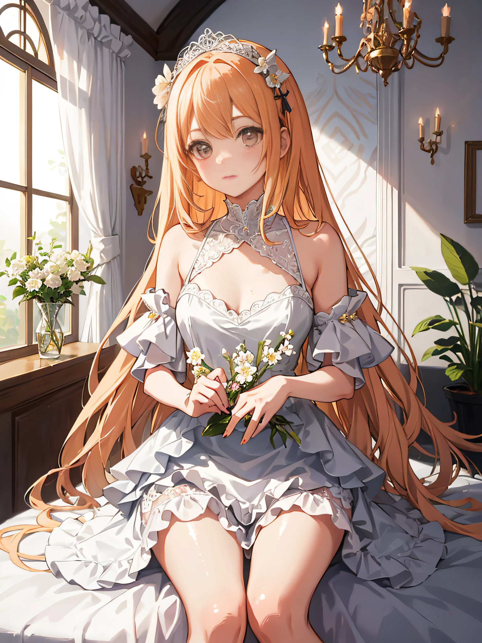 Pastel colors, serene, Extremely detailed, Whimsical, kawaii, adolable, Intricate in a whimsical field,Time dances between eras, envision a serene tableau. Behold a young enchantress, her hair a cascade of ethereal orange locks, contrasting delicately against her porcelain skin. She dons a frilled, Layered floral dress,Reminiscent of days gone by, an intricate tapestry of lace and silk. Within her boudoir, a room adorned with precious trinkets, plush fabrics, and dainty floral patterns, her innocence radiates like a budding flower in a sunlit garden.