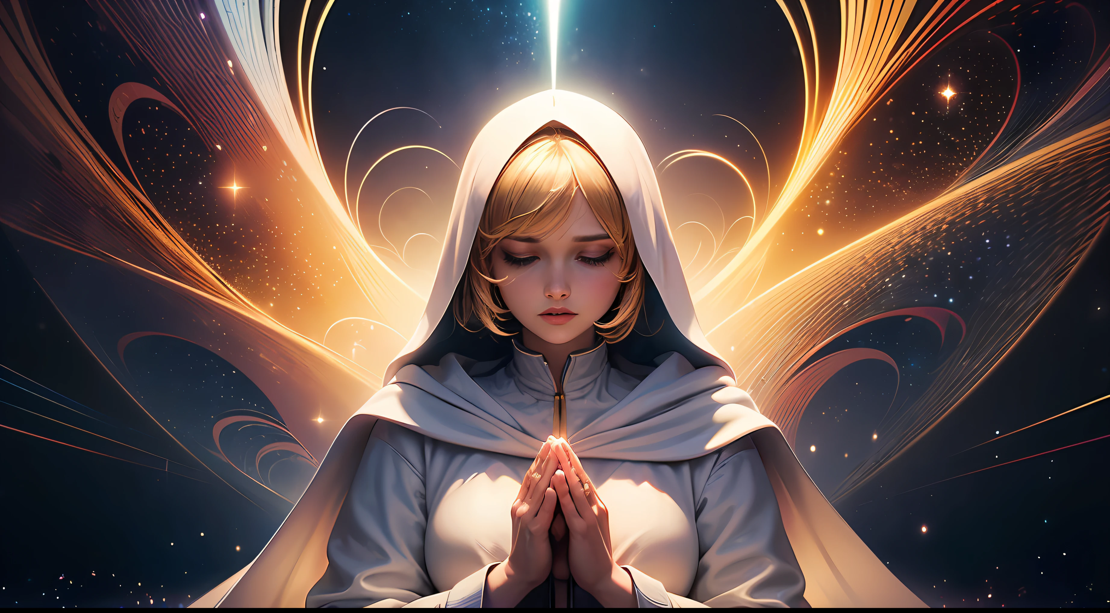 (masterpiece, top quality, best quality, official art, beautiful and aesthetic:1.2), (1girl), extreme detailed, (fractal art:1.3), colorful, highest detailed, perfect face, upper body, HDR, (praying:1.3), (white cloak golden lines:1.2), galaxy, (light streaks), striking visuals, (dynamic streaks, luminous trails:1.2), vibrant colors --auto