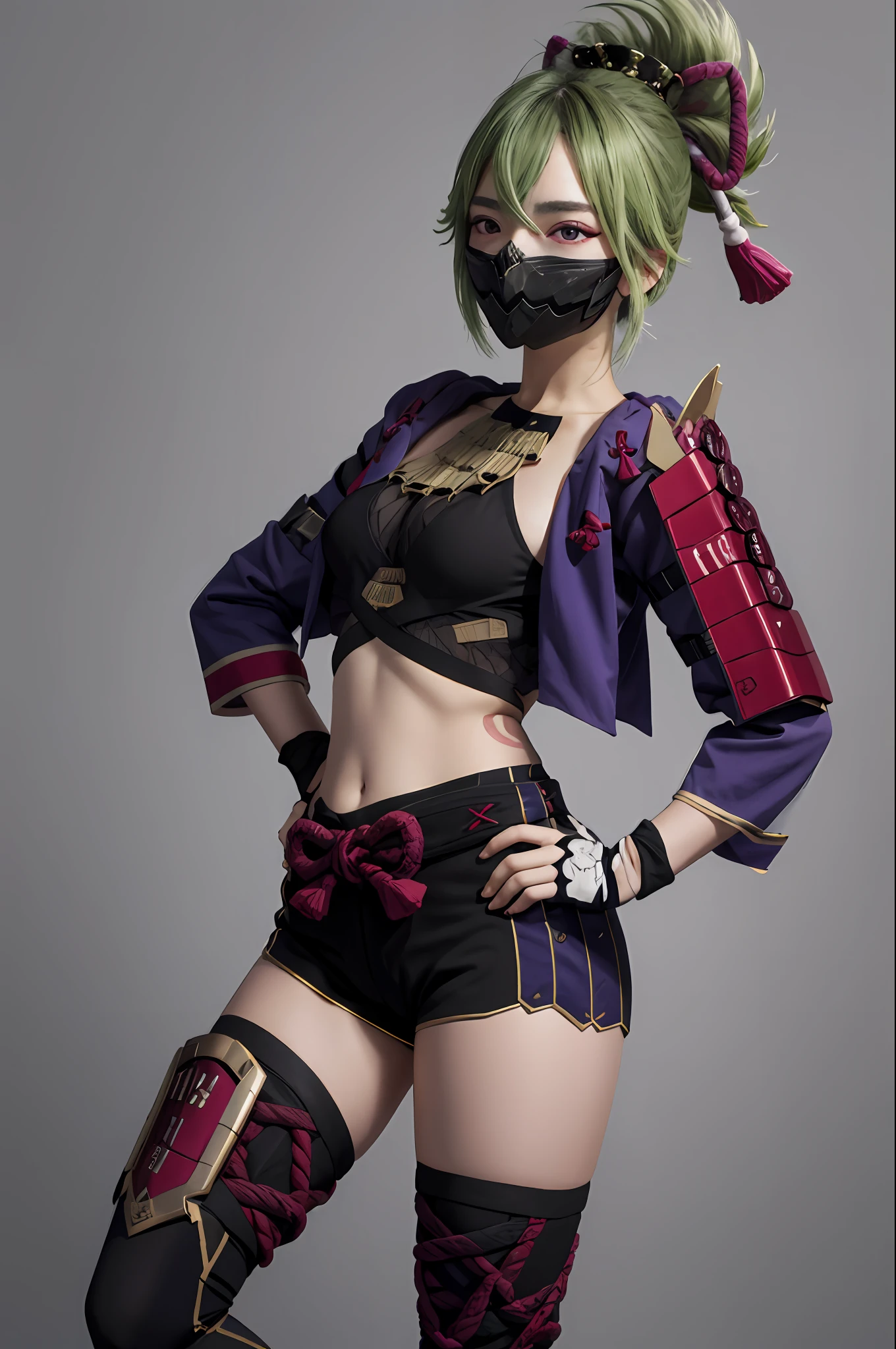 masterpiece, best quality, KShinobuV4, 1girl, solo, breasts, looking at viewer, simple background, thighhighs, gloves, white background, navel, hair between eyes, standing, jacket, full body, shorts, midriff, stomach, armor, crop top, hand on hip, short shorts, mask, black shorts, fishnets, rope, cropped jacket, mouth mask, purple jacket, fishnet top, ninja mask,