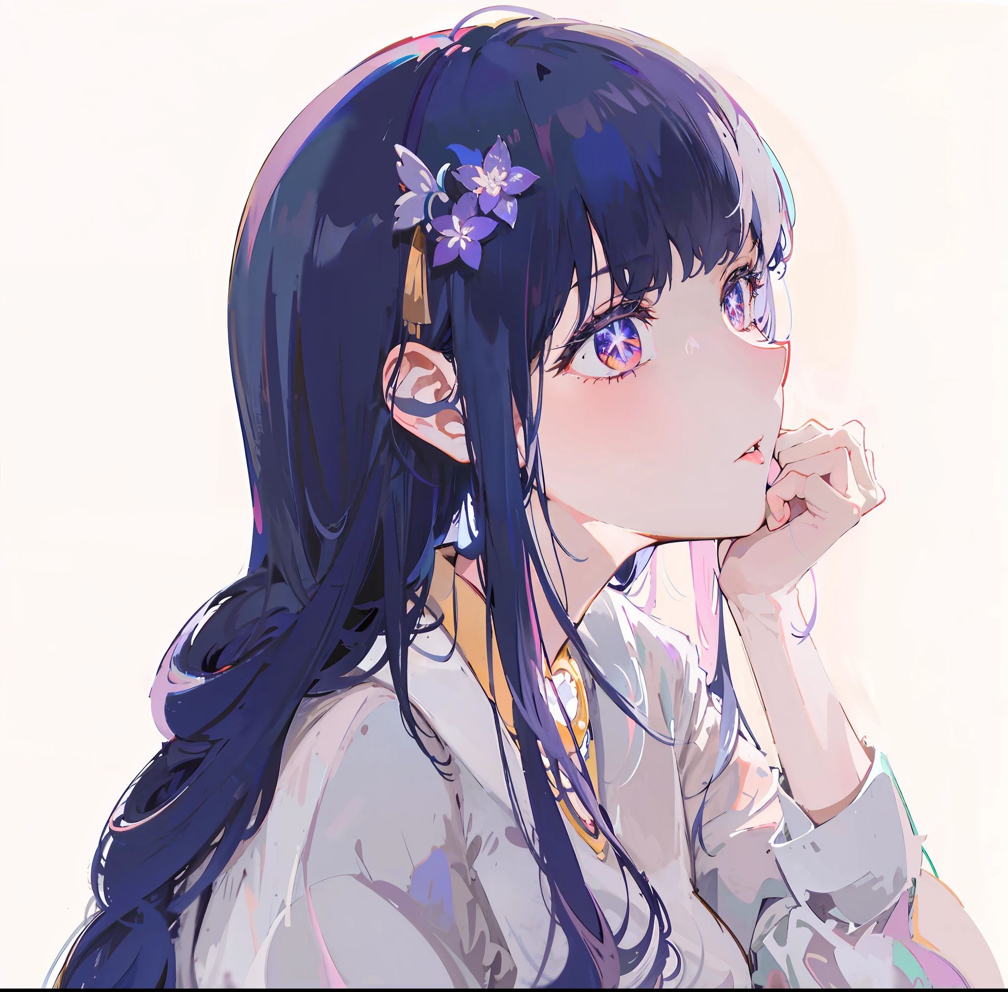 Anime girl with long blue hair and purple flowers on her head，Moe art style，Portrait of innocence，The girl's heart exploded，(1girl)Shooting angle close-up，(dynamic angle)Close-up of the shot，Japanese warm light，High saturation of colors，(neck ribbon)The necklace is inlaid with that flower，The background depicts(hyouka)Life scenes，The image is beautiful(Anime art style)，As graceful as a swan，Beautiful as a girl。