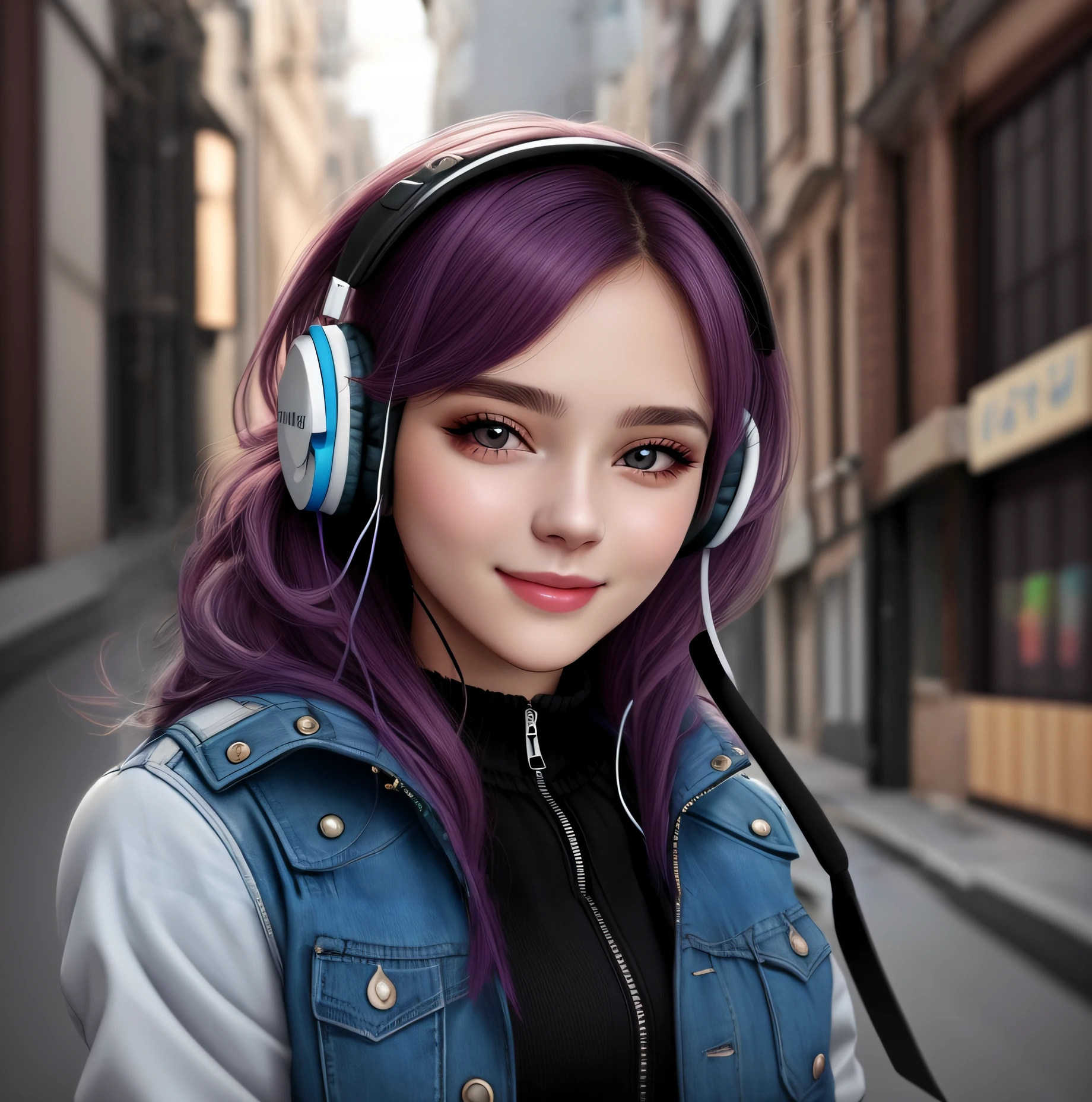mulher arafed com cabelo roxo usando fones de ouvido e uma jaqueta jeans, estilo de arte realista, arte de anime realista, estilo anime. 8k, Arte no estilo de Guweiz, Estilo anime 3D realista, photorealistic anime girl rendering, estilo realismo anime, estilo anime 4K, anime estilo 3d, estilo de arte fotorrealista, 3 d anime realista