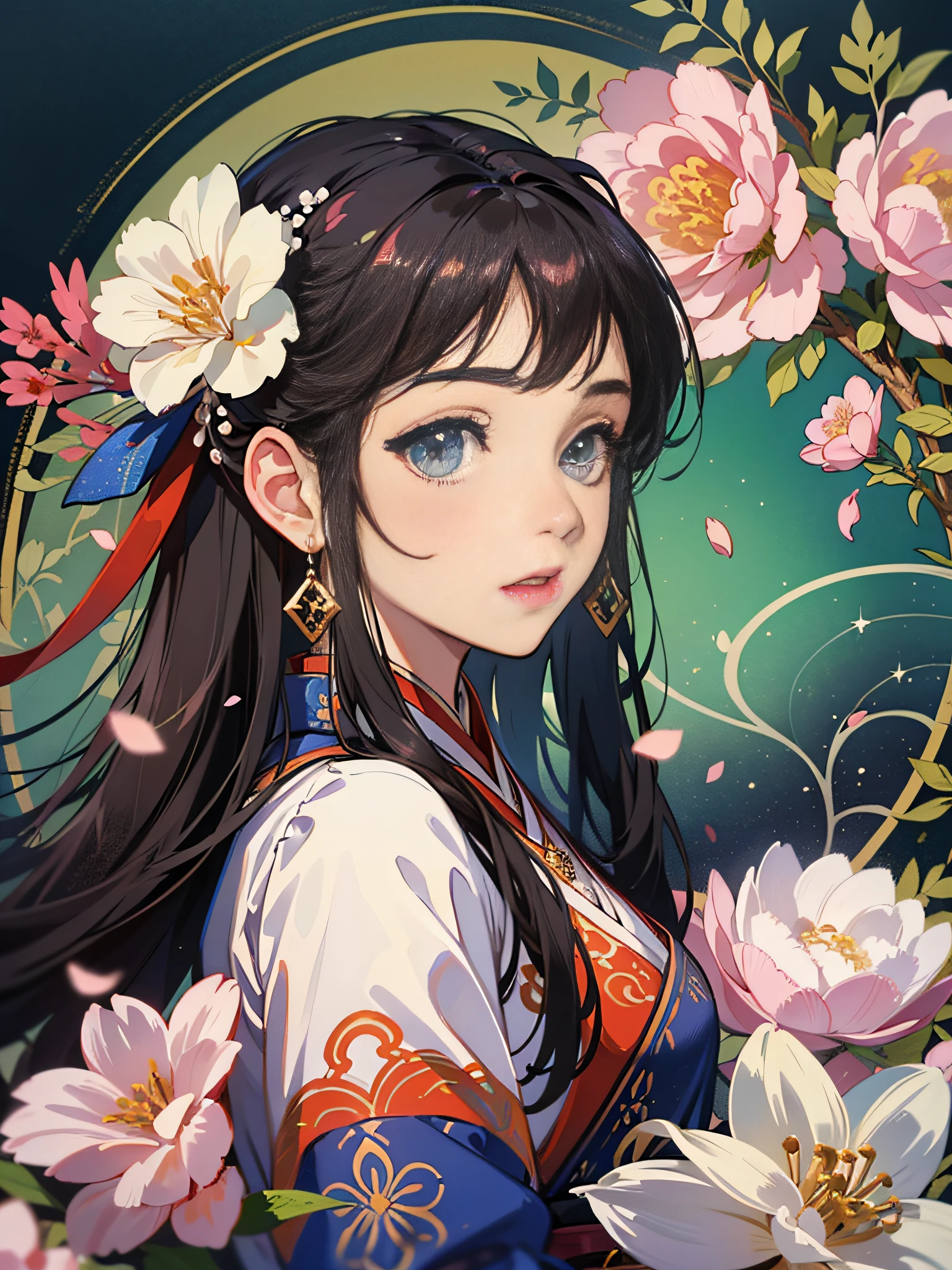 Master Pieces,hyper quality, Hyper Detailed,Perfect drawing,独奏、A MILF、A dark-haired、floting hair、Delicate and smart eyes、Starry pupil、intricate damask hanfu、Luxury Accessories、wearing pearl earrings、FOV、f1.8、​masterpiece、complex scenes、flower petals flying、Frontal portrait shot、