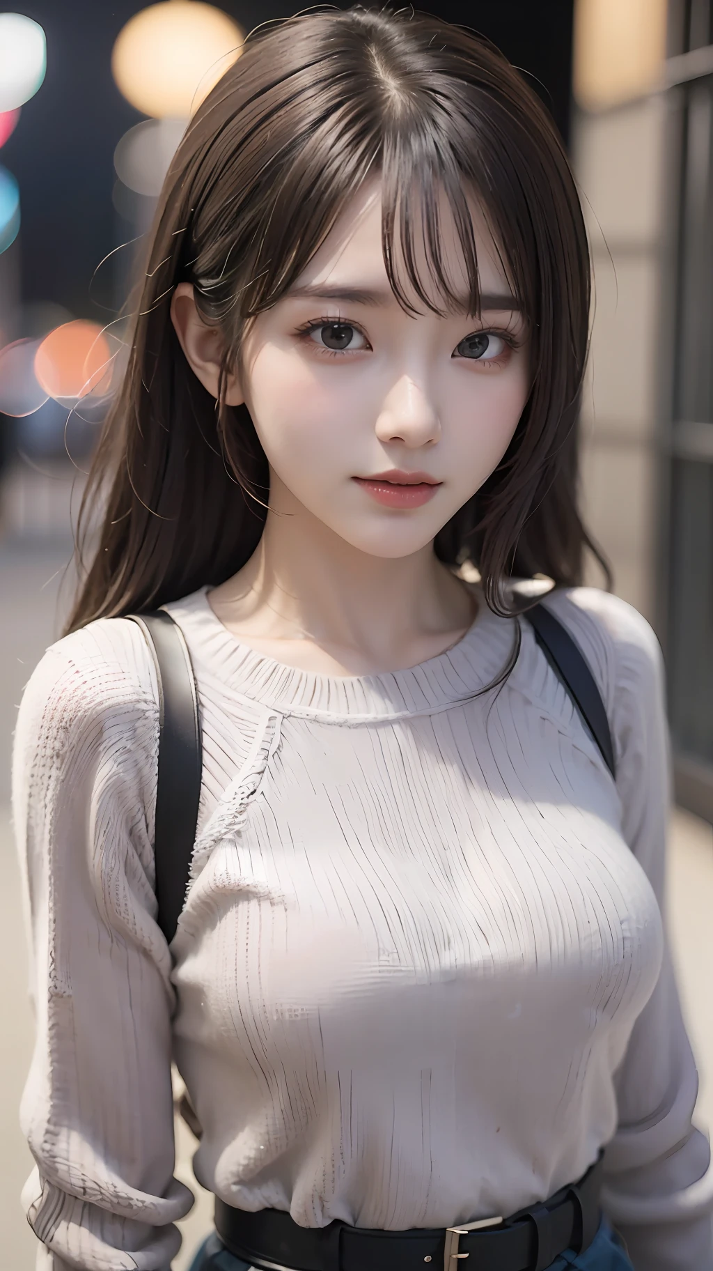 (masterpiece, best quality, realistic, insane detailed:1.2, detailed skin), beautiful color, portrait of 20yo white caucasian female, lite smile, (tied hairstyle,brown dark), (makeup:0.6), shiny skin, (photorealistic:1.35), solo, long-sleeves sweater, denim short, standing on street, night, taken by canon eos 5D mark iv with 75mm lenses, depth of field, film grain, bokeh, rim lighting, highres photograph, 8k, facing at viewer, medium shot