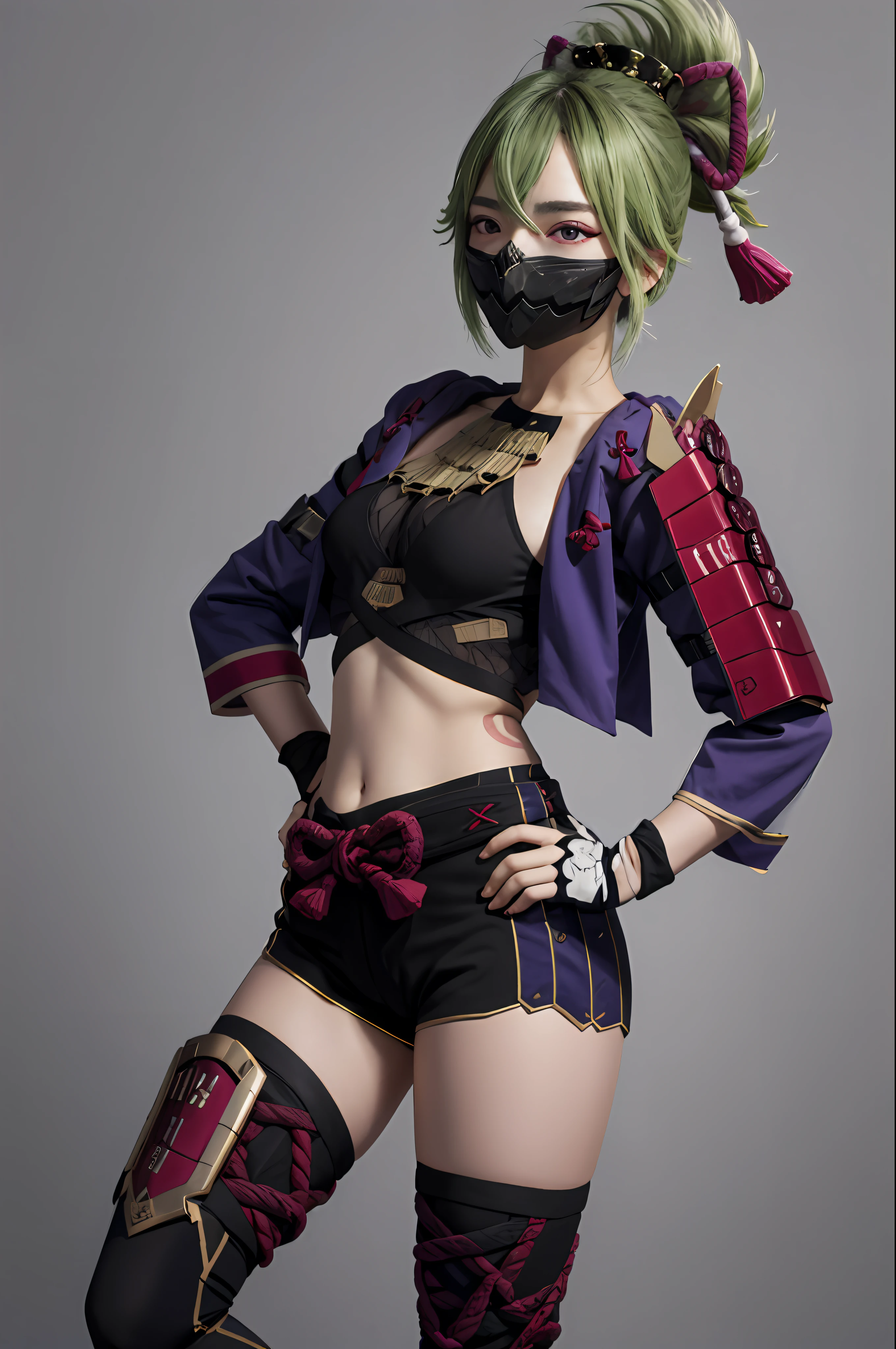 masterpiece, best quality, KShinobuV4, 1girl, solo, breasts, looking at viewer, simple background, thighhighs, gloves, white background, navel, hair between eyes, standing, jacket, full body, shorts, midriff, stomach, armor, crop top, hand on hip, short shorts, mask, black shorts, fishnets, rope, cropped jacket, mouth mask, purple jacket, fishnet top, ninja mask,