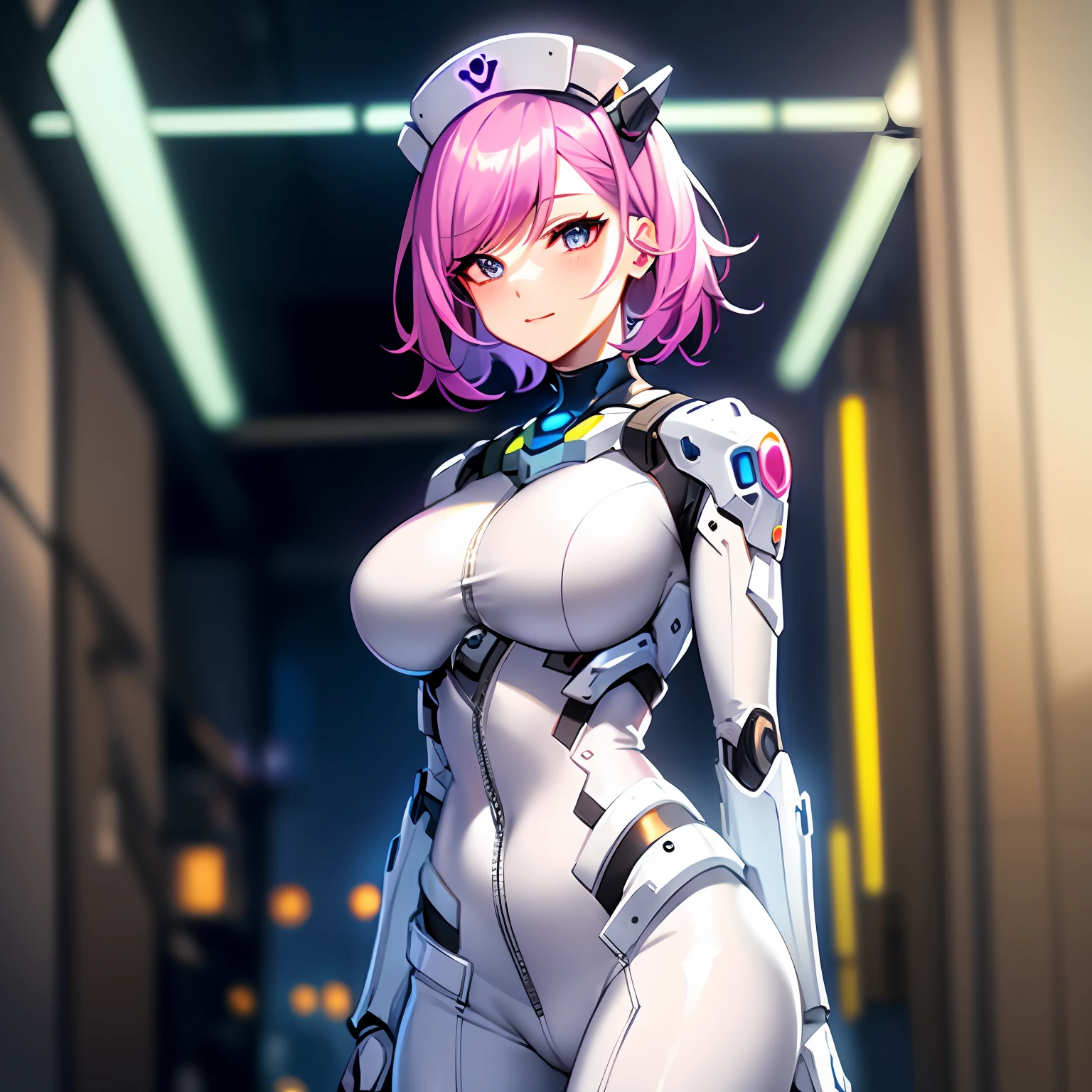 there is a woman in a white bodysuit posing for a picture, as an overwatch character, an oppai cyberpunk, from overwatch, in white futuristic armor, echo from overwatch, Ross Tran 8 K, as an overwatch character, thicc, an alien robot naughty nurse, portrait anime space cadet girl, Cute cyborg girl, styled like ghost in the shell, sci - fi character