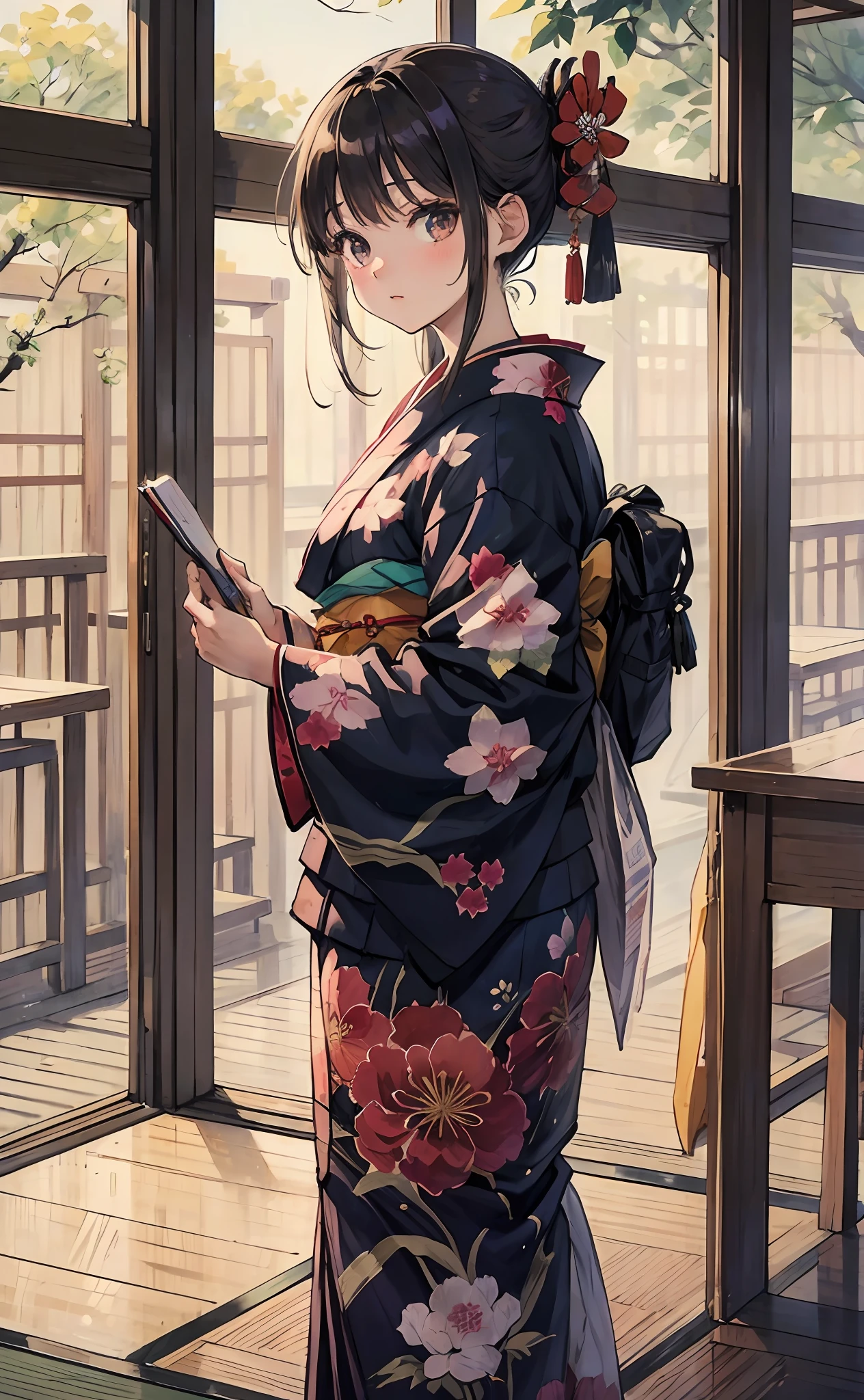 Oriental Asian woman in kimono poses for a photo, Wearing a Japanese kimono, Japanese women's kimono, Japan kimono, in a kimono, in a kimono, A kimono where black meets white, cute female student, dressed as schoolgirl, Beautiful Anime High School Girls, wearing kimonos, Surrealism female students, female student, Girl in kimono --auto