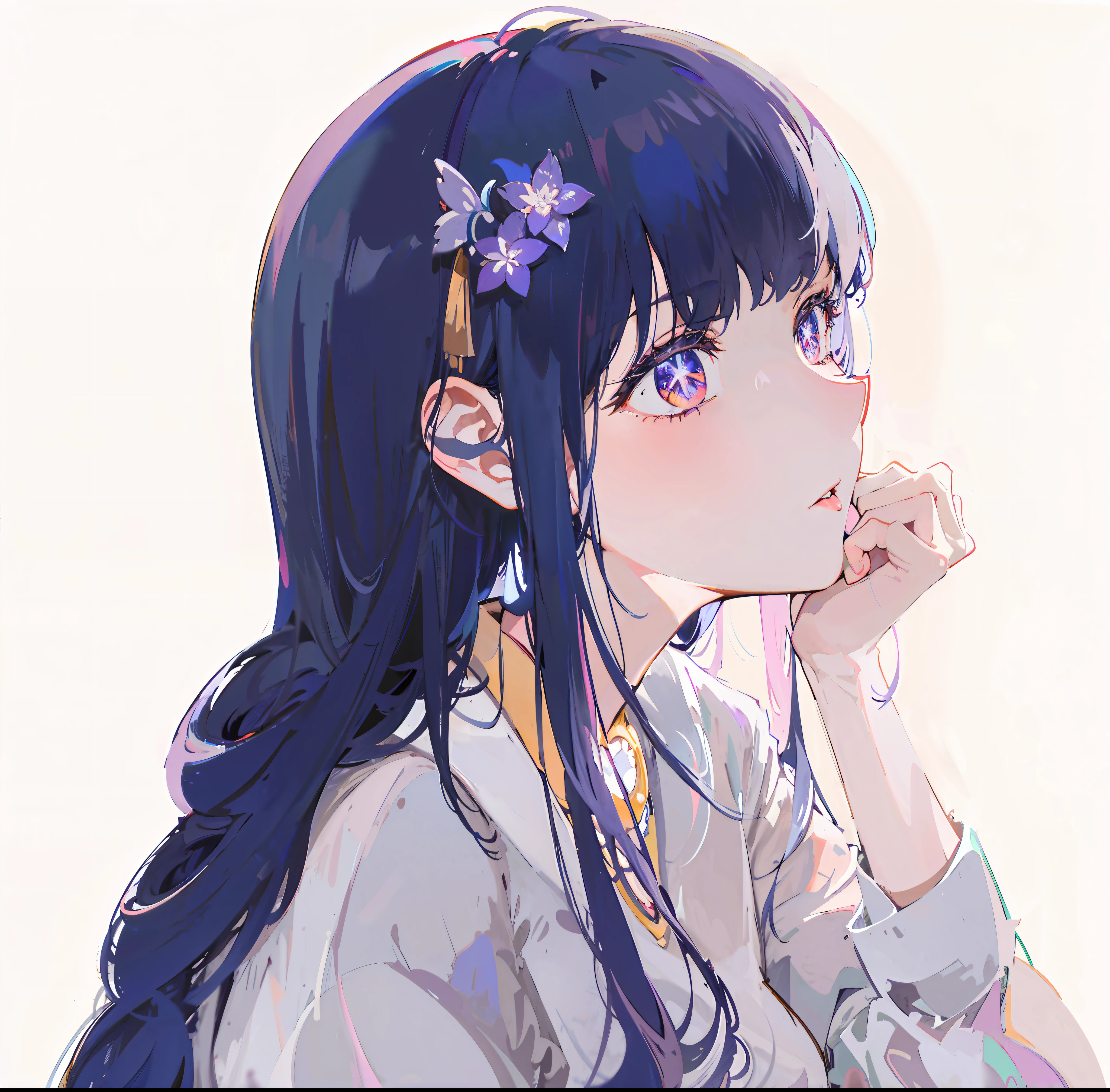 Anime girl with long blue hair and purple flowers on her head,Moe art style,Portrait of innocence,The girl's heart exploded,(1girl)Shooting angle close-up,(dynamic angle)Close-up of the shot,Japanese warm light,High saturation of colors,(neck ribbon)The necklace is inlaid with that flower,The background depicts(hyouka)Life scenes,The image is beautiful(Anime art style),As graceful as a swan,Beautiful as a girl。