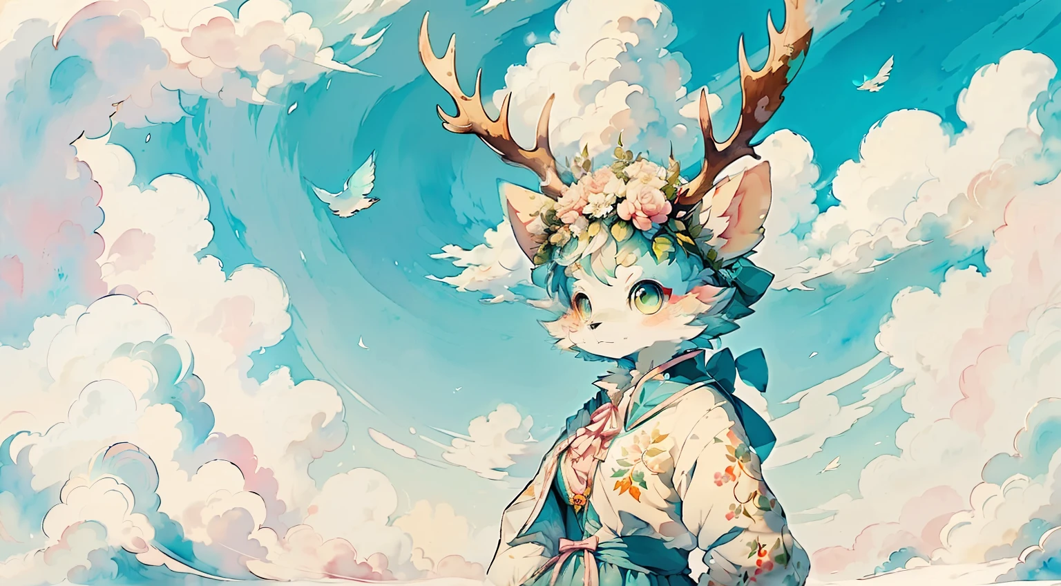 ((best qualtiy)), ((tmasterpiece)), (the detail),((Anthropomorphic illustration))，A girl wears a blue Lolita-style dress，Long-sleeved skirt，Elk antlers are worn on the head，Antlers are worn on the head，White clouds in the background，Pink and blue，Dreamy，anime big breast，hand painted style，WaterColor Paint --auto