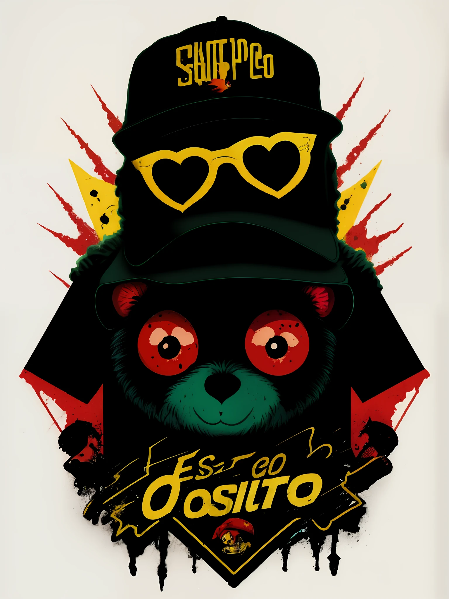 esqueleto de osito con TATOOS y gorra, salpicaduras, spray, pistas, 80s, imagen vectorial, Tee-Shirt Design, aislado, fondo negro, illustration, use solo colores amarillo y rojo verde, con letras "IMC" resaltadas