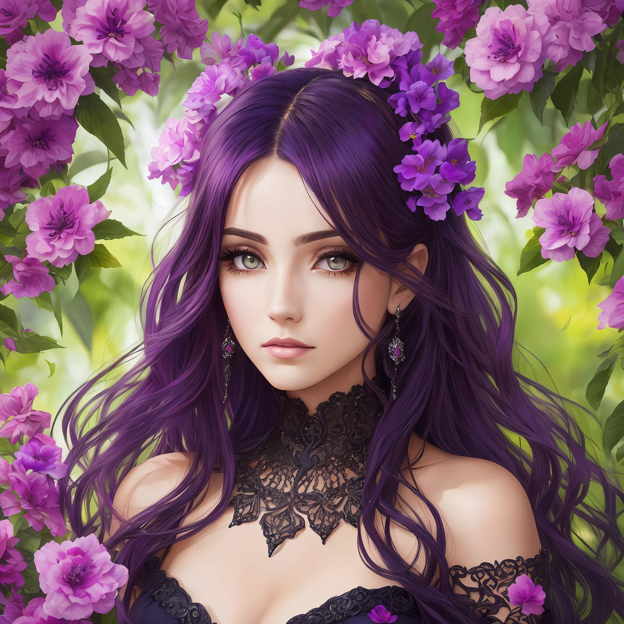 persephone, potrait de corpo inteiro de uma sedutora de cabelo violeta bonita fotorrealista, devilish, messy hair, em um jardim escuro, Inferno, sombrio, exotic black and violet vilain dress, coleira estilo gargantilha, olhos cor de sangue, Rosto detalhado, lo gothic, corpo inteiro, fantasia sombria, flores sangrentas, nublado, nevoento