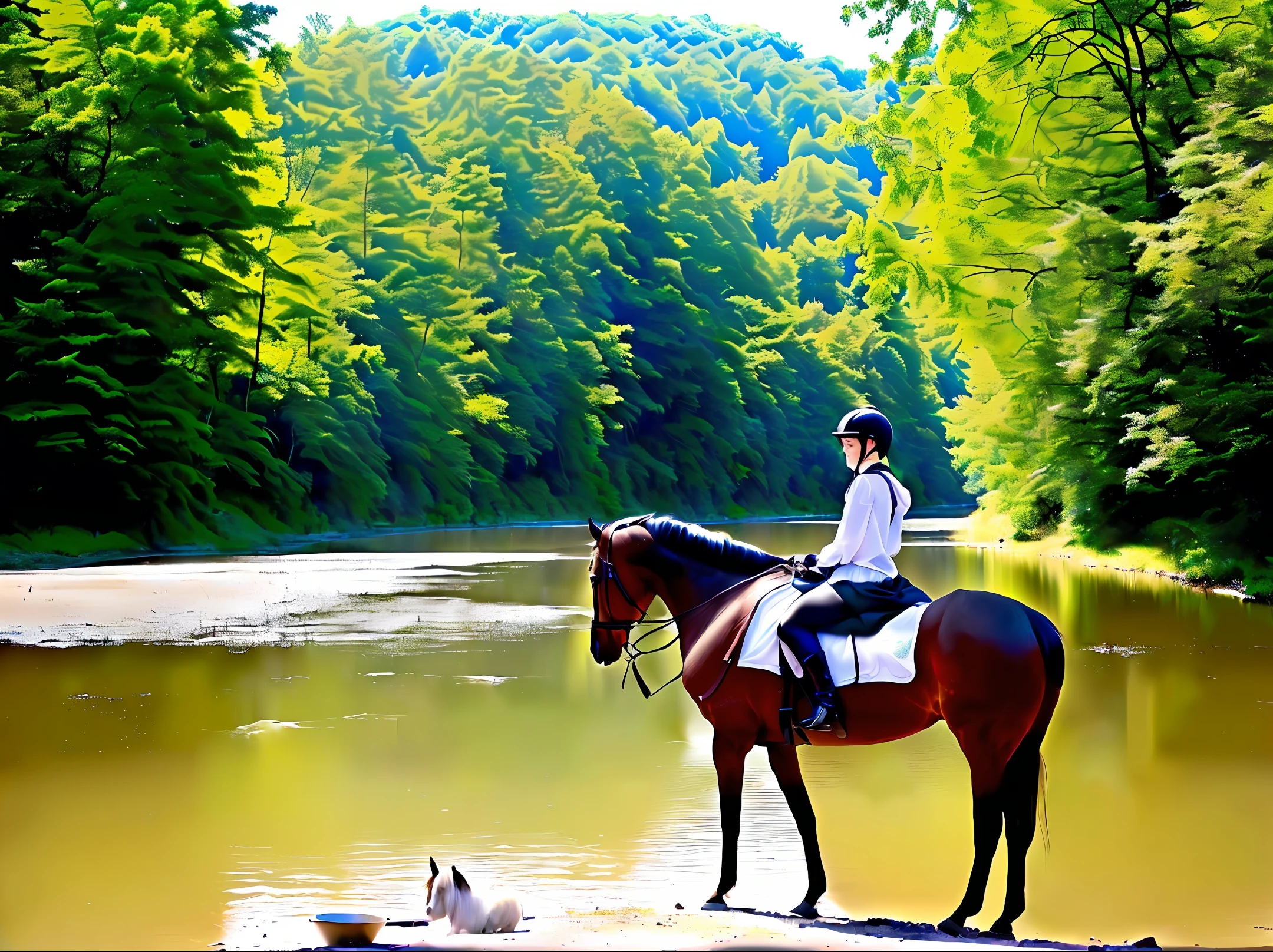 Amia,forest backgrou,laughingly,single horse tail,Sit by the river,long skirt