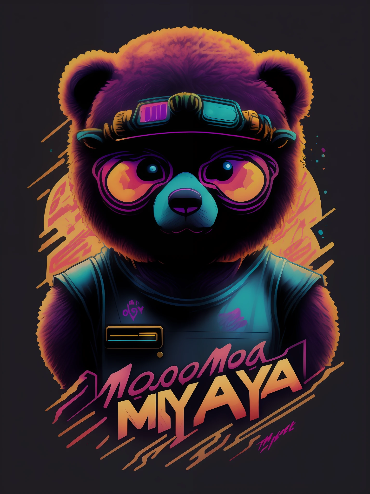 Retrowave Maya teddy bear design,sticker,Toma de cuerpo completo ,Anime style, Estilo Trigger Studio, Arte manga, historietas, Entintar, Arte del graffiti, graphic, neon colors, golden ratio composition, design for tshirt