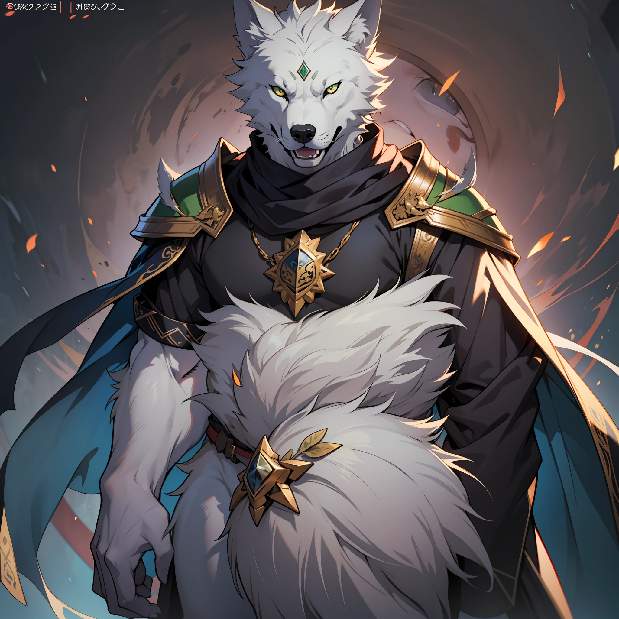 Um homem com cara de lobo, pelagem verde escuro, musculoso, corpo inteiro, olhos grandes e detalhados, vestindo uma roupa medieval, estilo anime, High resolution 4K