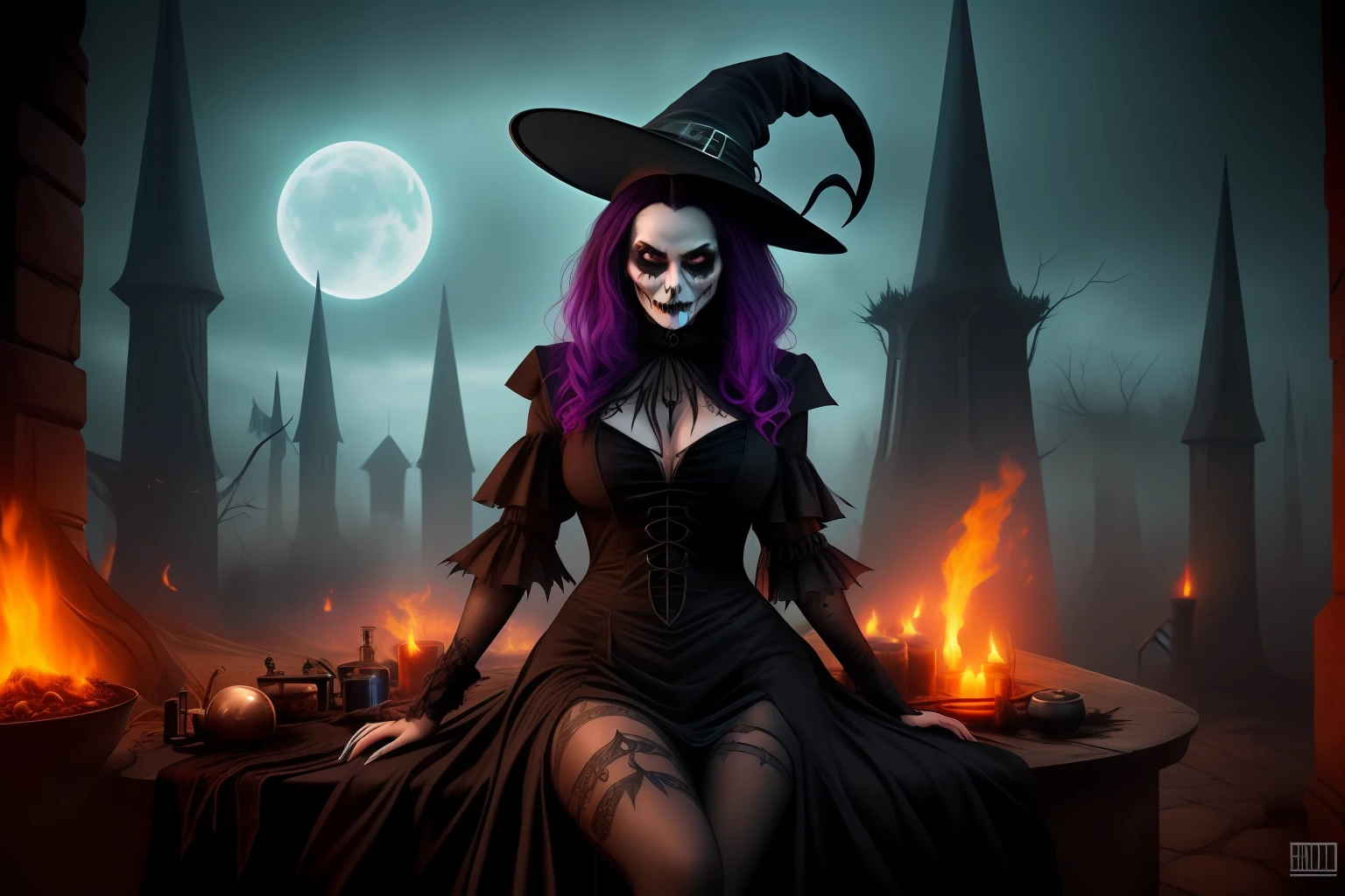 estilo cyberpunk, um panorama, mulher bonita bruxa (((Gothic witch costume))), tattoed hard, [rosto pintado], [rosto de caveira feminina], rosto detalhado, CAULDRON, gothic background, cabana de madeira, potions, gato preto, fantasmas, fumes, altamente detalhado