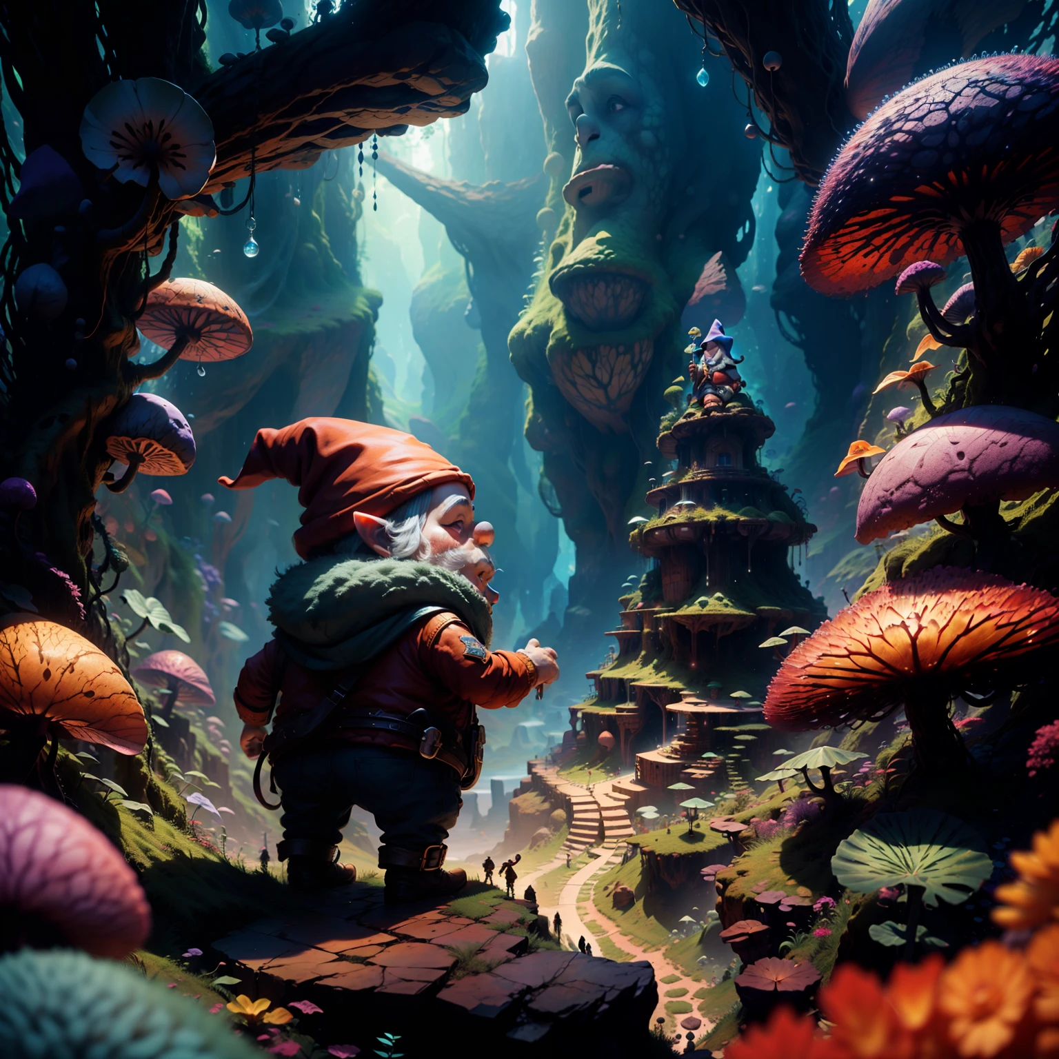Shadow Master is casting his spell in intense magic around the cave of colored crystals, while in the foreground there is a Gnome, olhando cautelosamente para ajoelhar-se em sinal de respeito.