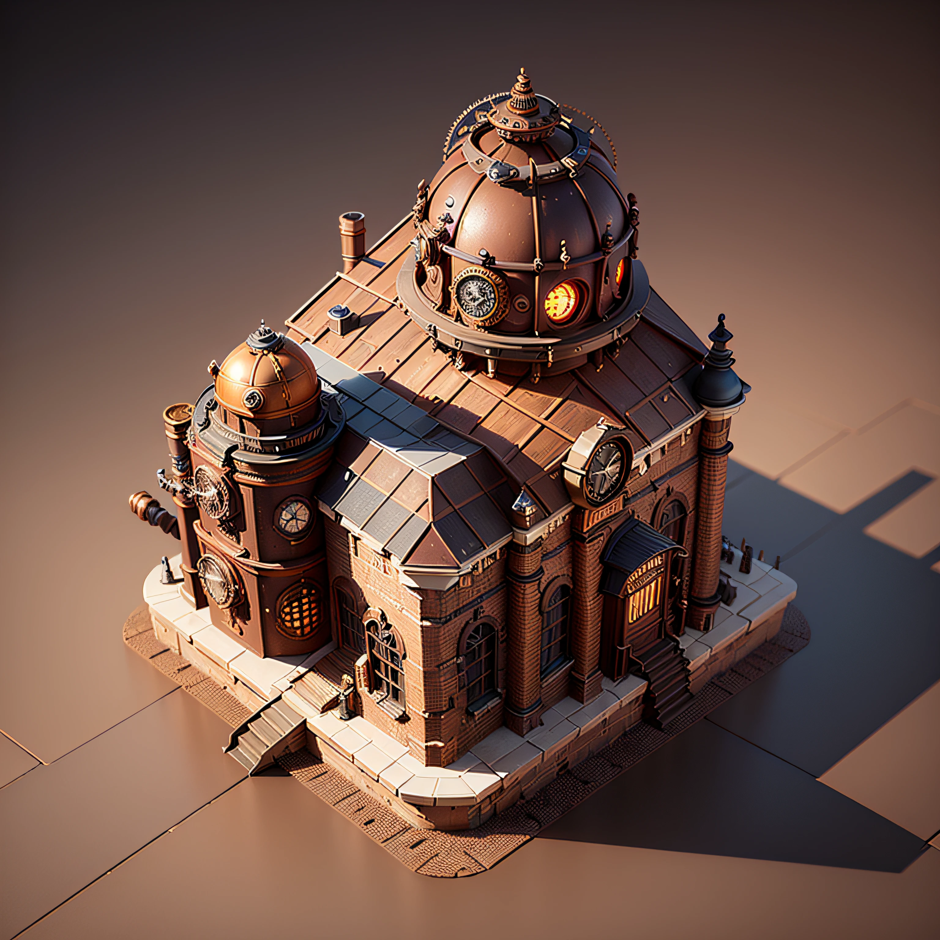 high detailed 3D render of an isometric steam punk land, with futuristic concept, made by different materials and high detailed textures, intrinsicate crafted design elements and objects --auto