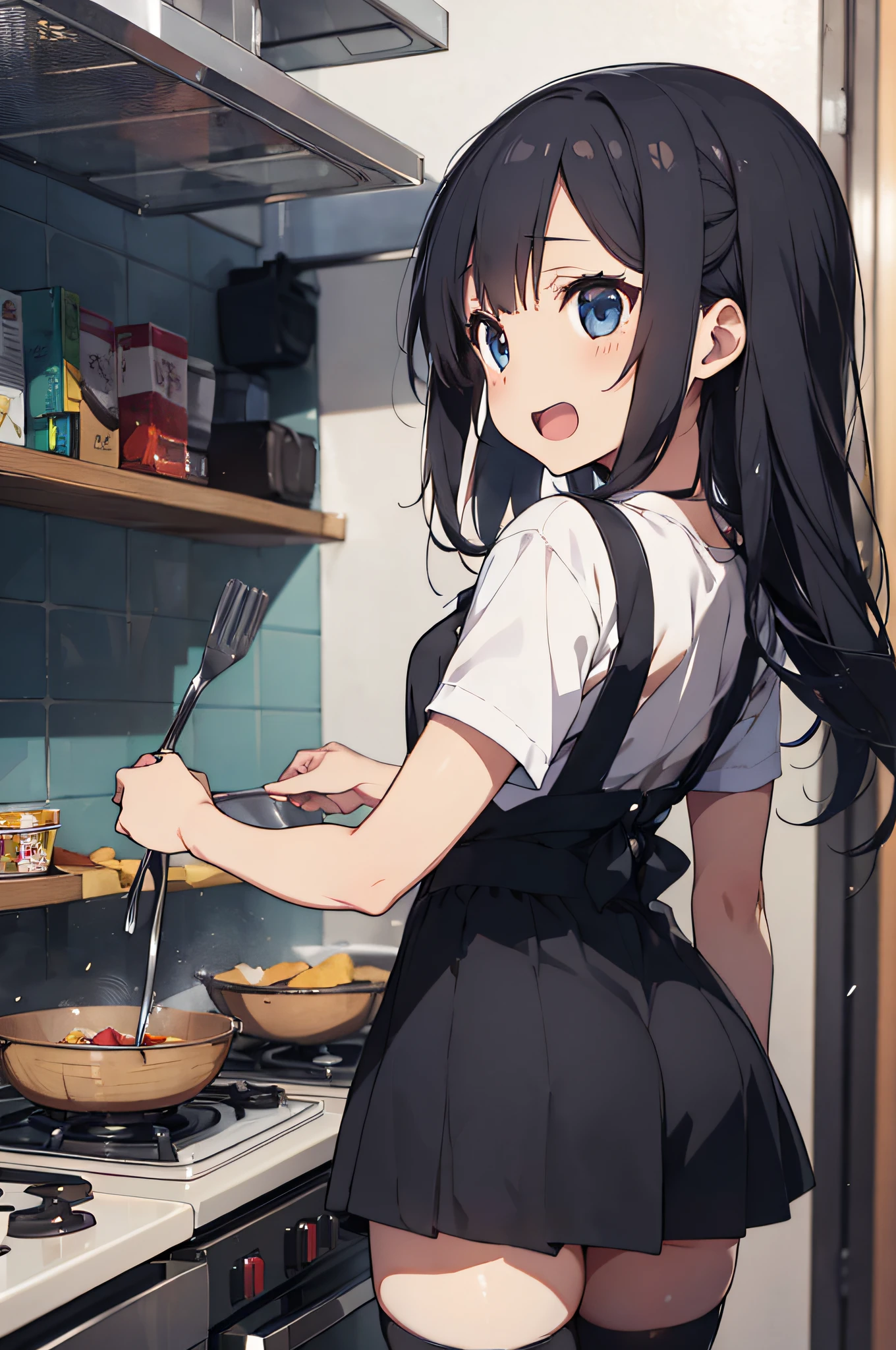 master piace, beste-Qualit,ultra detali,8K_wall-paper,(Beautiful  eyes),((cute little)),(Wonderful),(erotick),anime moe art style,babes,,,Mini skirt,,A dark-haired,Shirts,Long hair,,navel,,Small breasts,,(((zettai ryouiki))),,Short sleeves,Open mouth,double tooth、A smile、Looking away、Looking Up、profile,Back view、Cooking dishes、pinafore、white panties